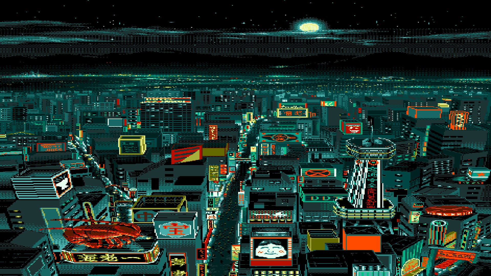 lobsters, building, Moon, pixelated, pixels, Japanese characters, pixel art, digital art, stars, cityscape, 1080P, night, HD Wallpaper