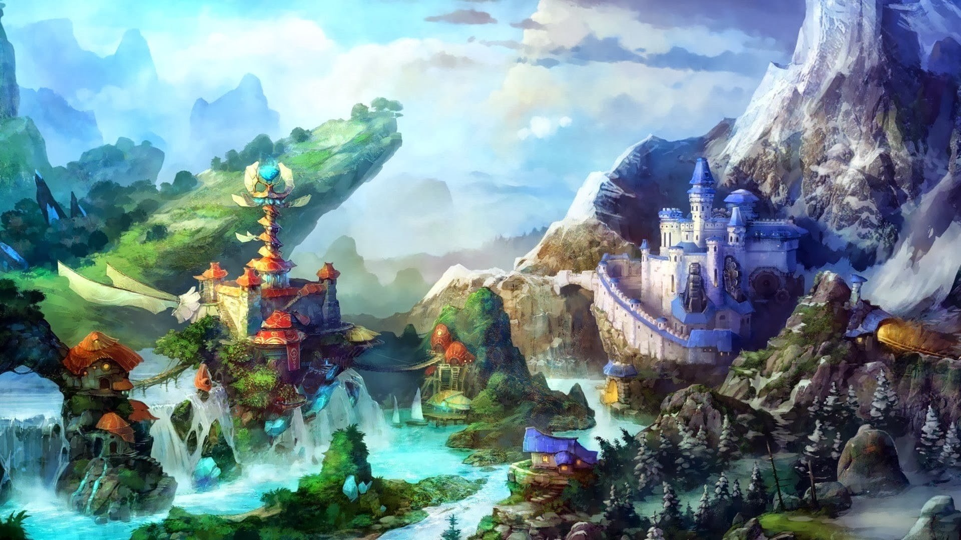 water, scenics - nature, outdoors, architecture, sky, fantasy city, nature, travel, 1080P, tranquility, day, cloud - sky, application, game, HD Wallpaper