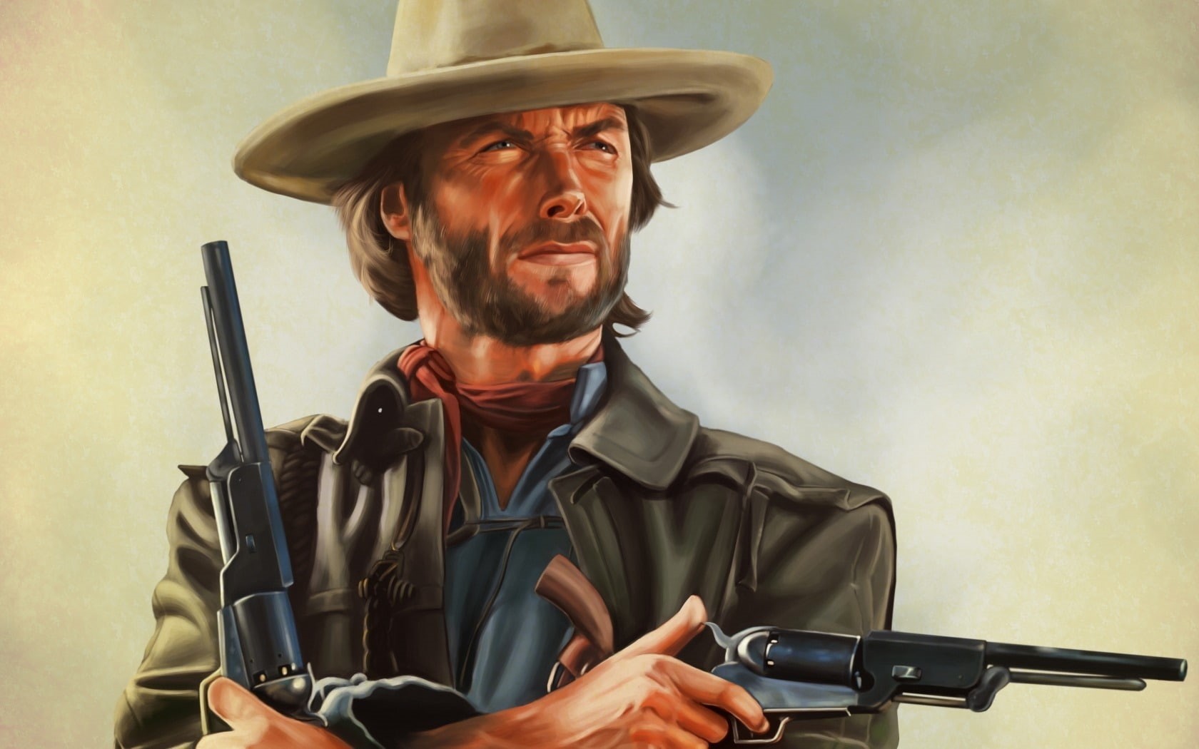 clint, man, eastwood, 720P, painting, actor, clint eastwood, black, art, rifles, jacket, artwork, HD Wallpaper