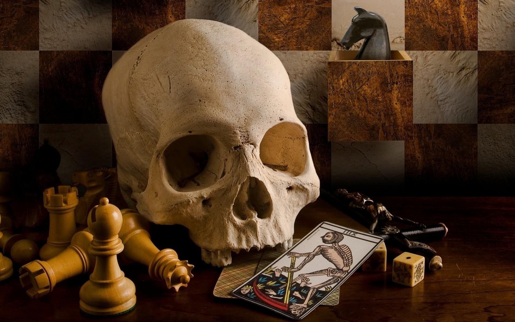 playing cards, cube, human body part, card, relaxation, leisure games, checkered, human skull, pawns, table, still life, 720P, death, indoors, human, chess, HD Wallpaper