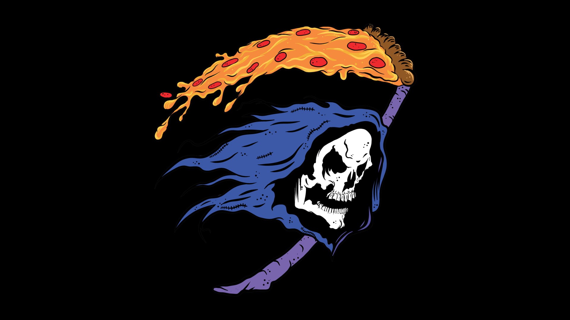 black background, minimalism, Grim Reaper, skull, digital art, 1080P, hoods, teeth, humor, He-Man, scythe, pizza, HD Wallpaper