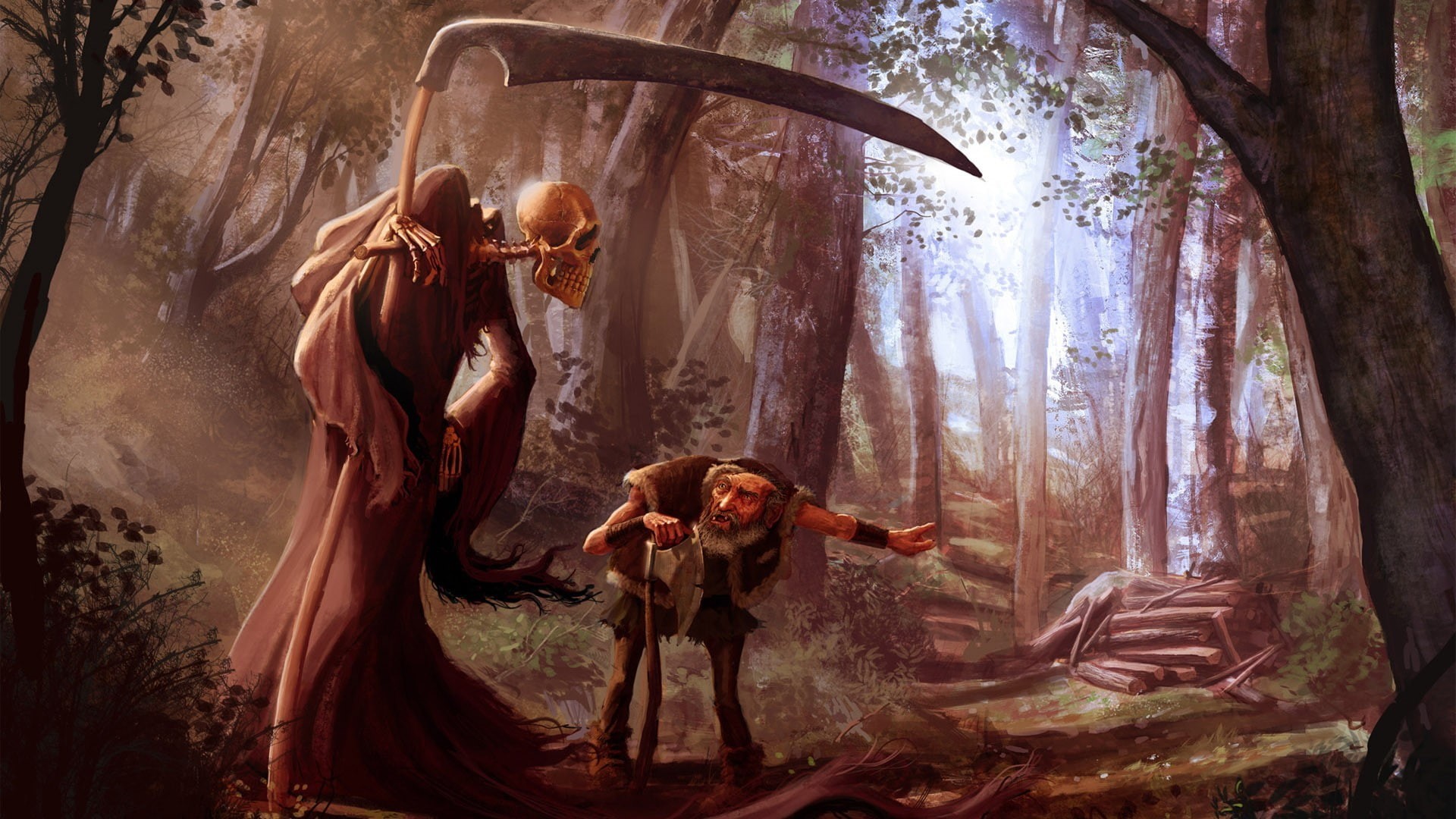 old people, death, wood, 1080P, drawing, trees, scythe, artwork, forest, fantasy art, Grim Reaper, skull, HD Wallpaper