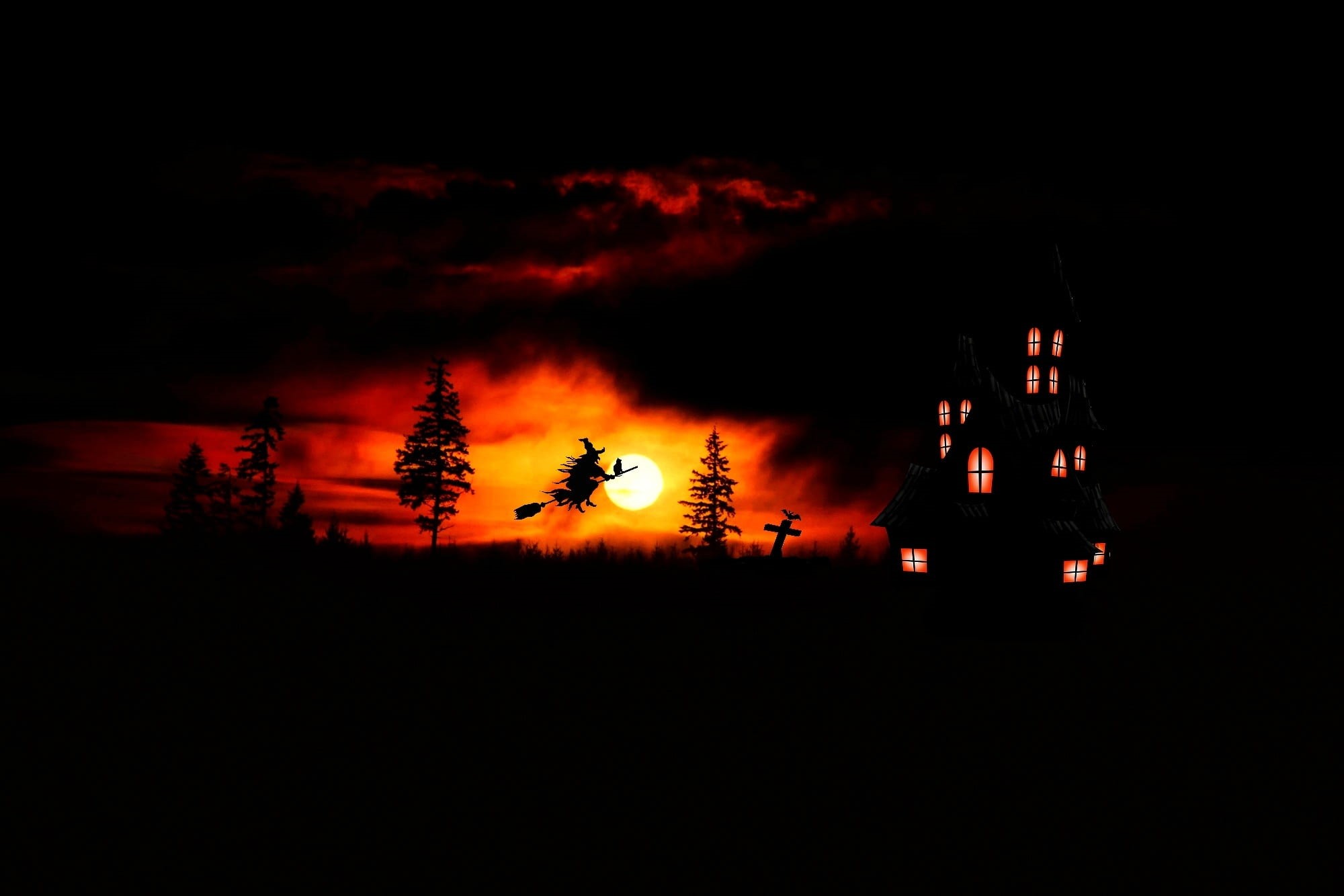 silhoutte, abendstimmung, building, golden, tree, sky, illuminated, 1080P, nature, the witch, creepy, atmosphere, plant, broom, photography, hour, gloomy, HD Wallpaper