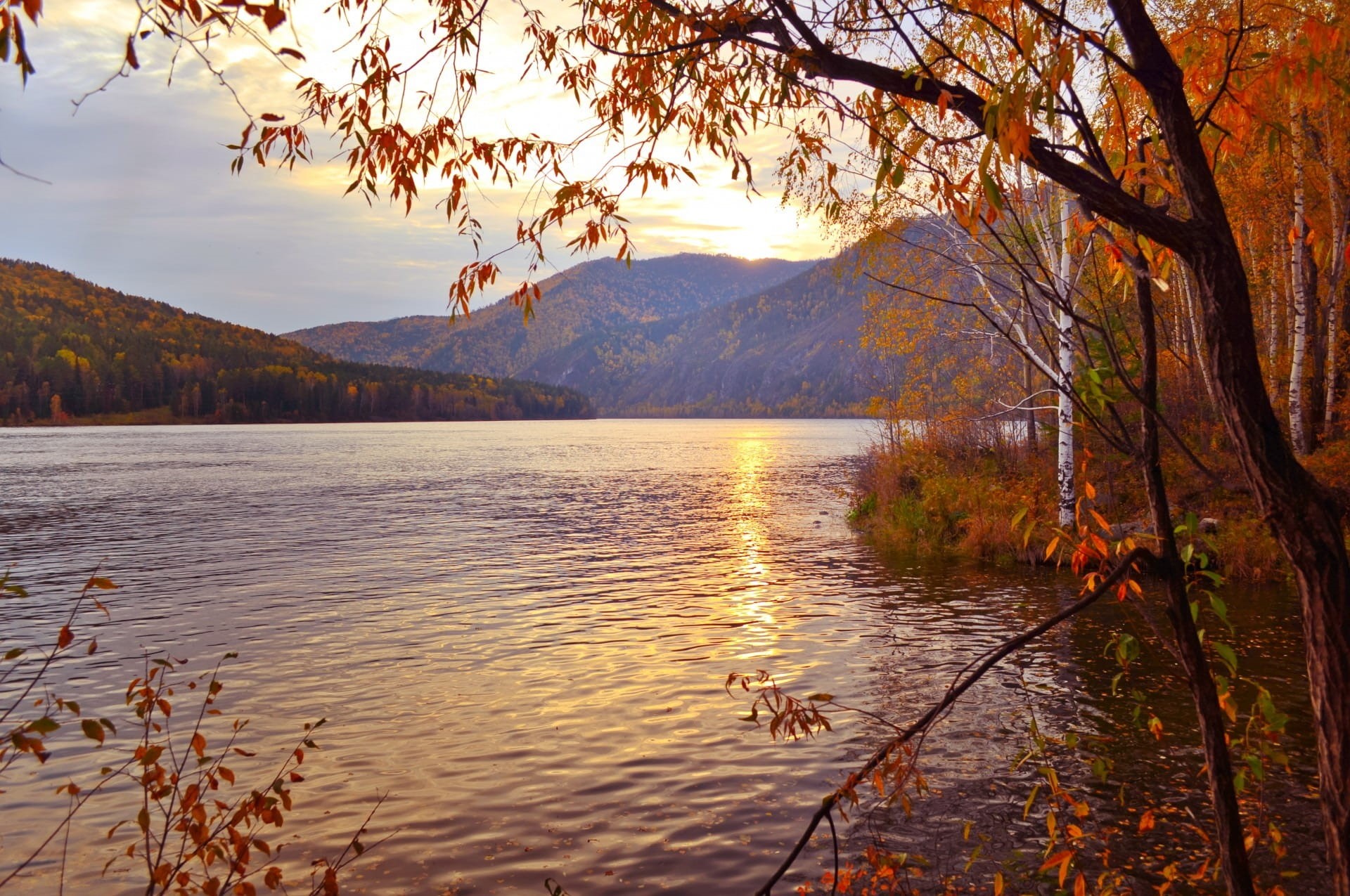 mountain range, lake, sun, reflection, evening, mountains, background, sky, mountain, water, non-urban scene, september, change, no people, river, sunset, HD Wallpaper