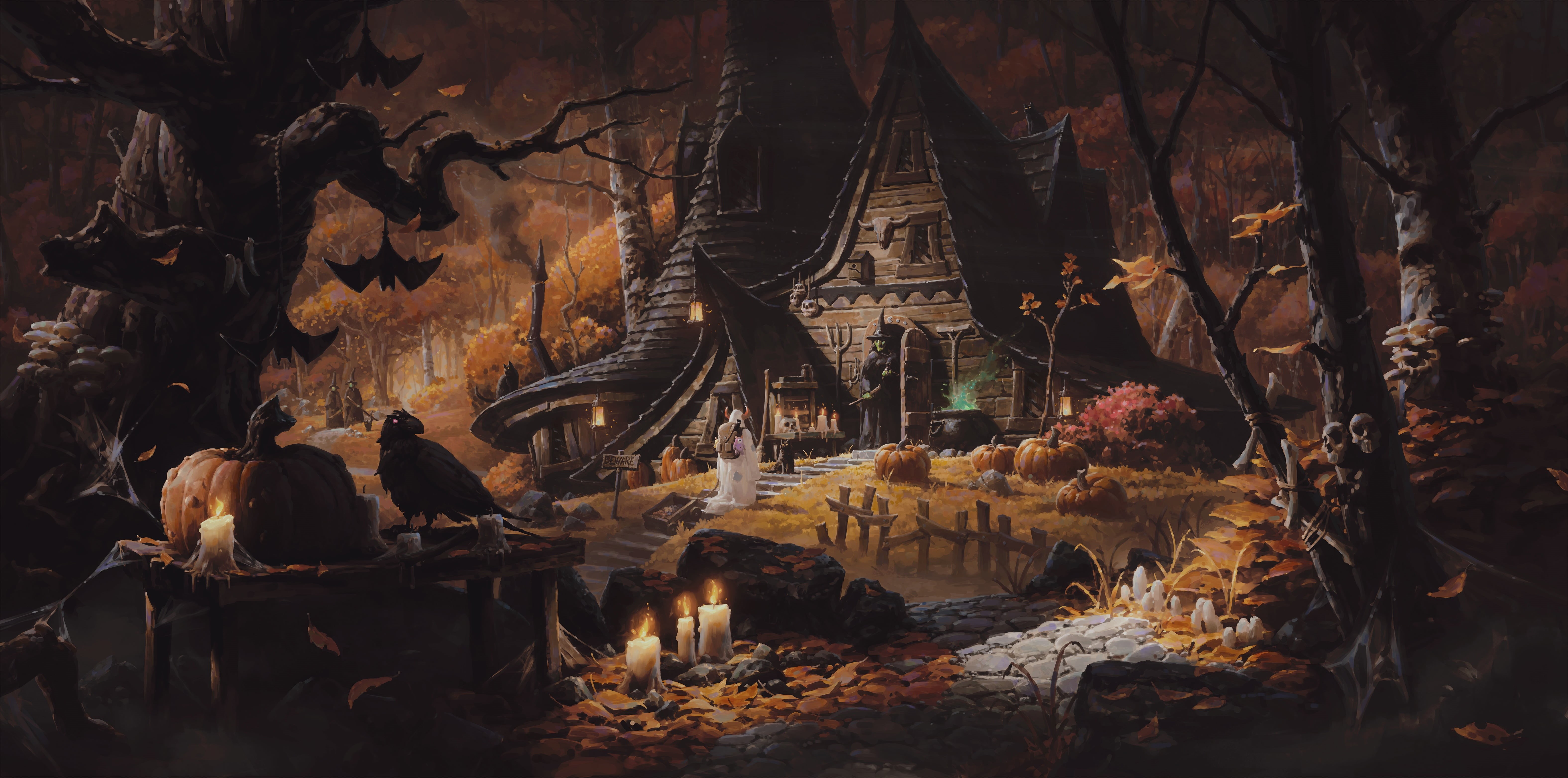 5K, pumpkin, halloween, night, cat, bat, house, forest, Raven, witch, HD Wallpaper