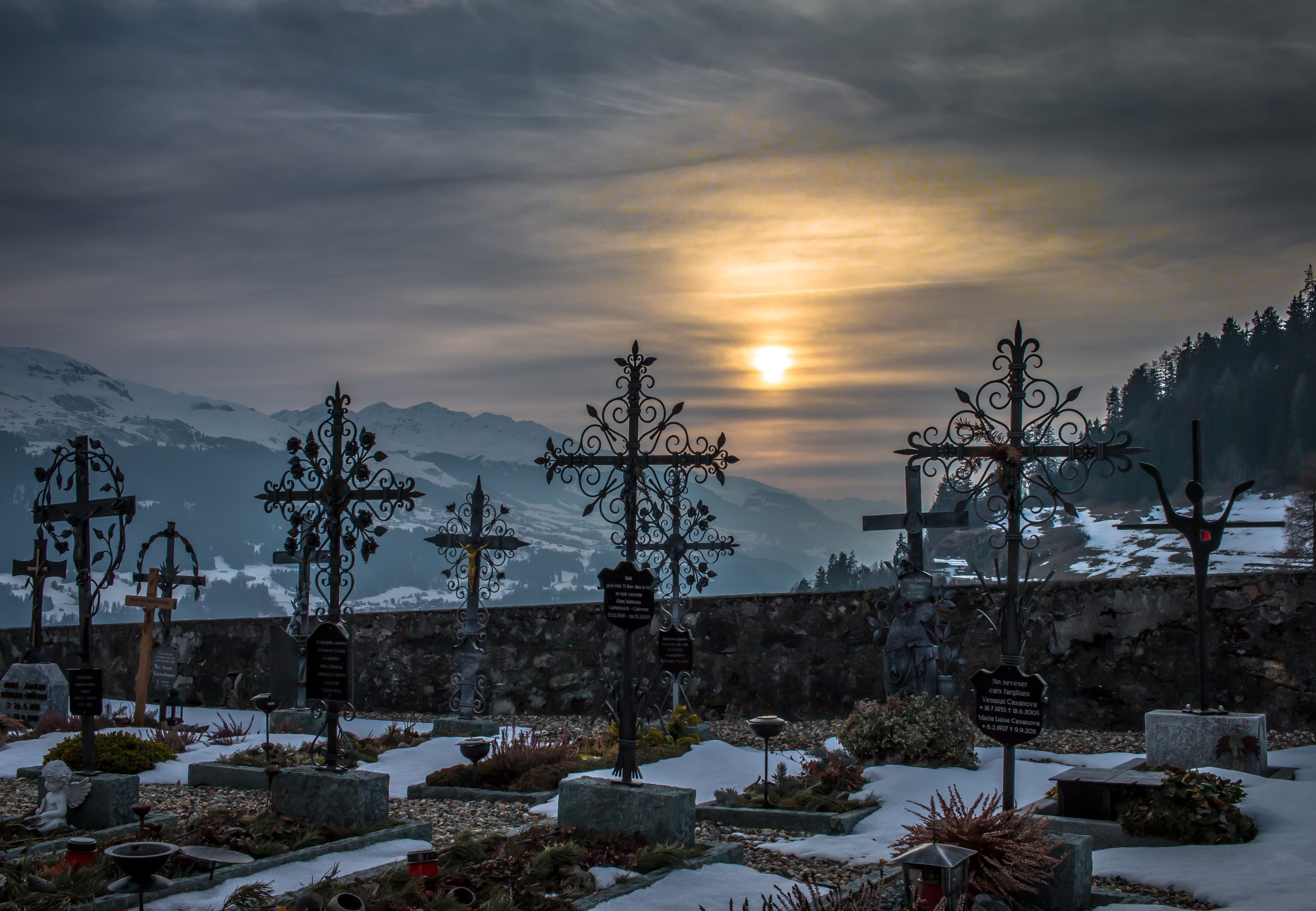 mountains, ice, plant, clouds, light, beautiful, tranquility, no people, mountain, cemetery, fog, evening, dawn, outdoors, landscape, architecture, sky, HD Wallpaper