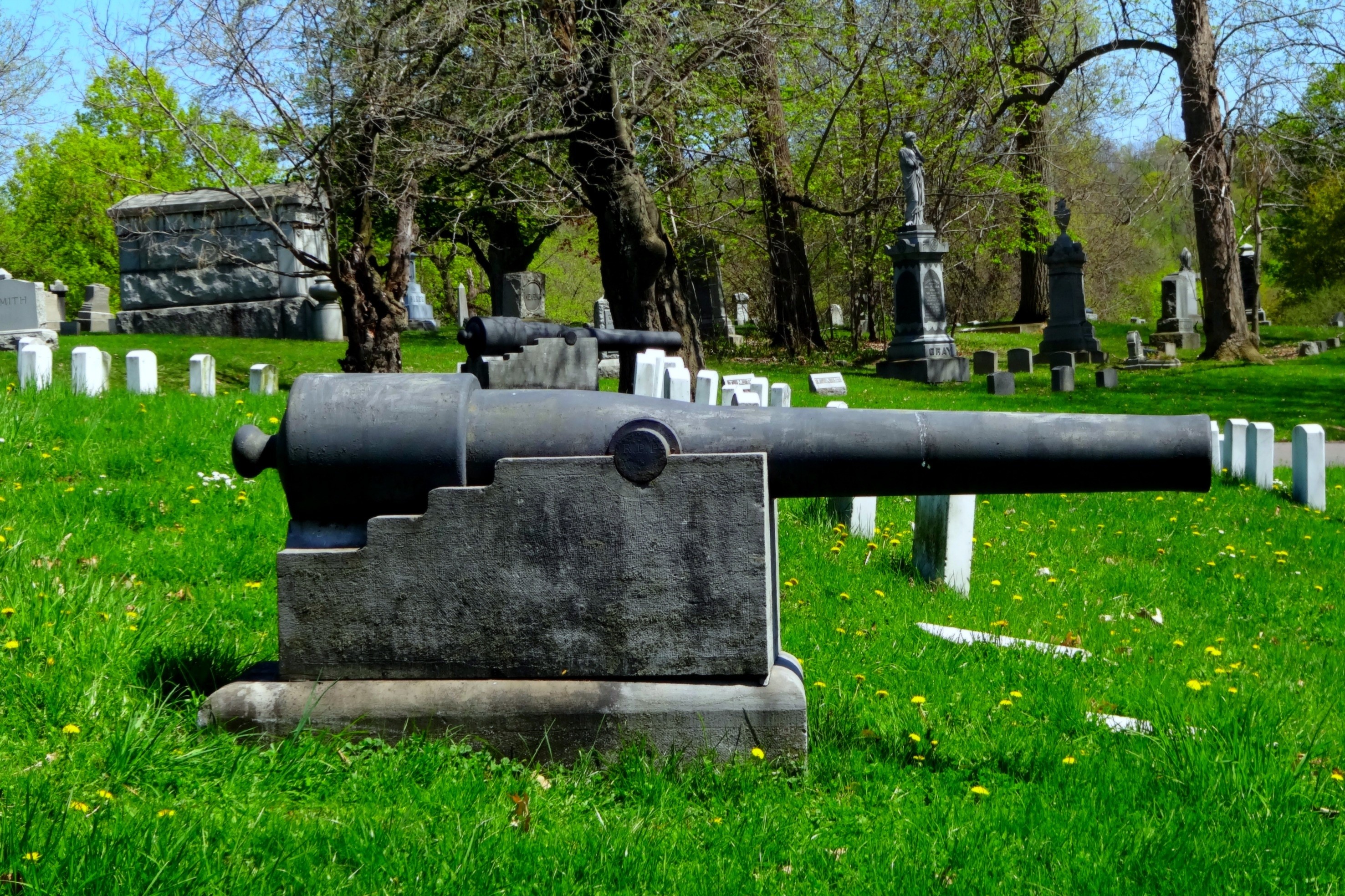 grass, scary, 2K, stone, old, land, architecture, grave, antique, united states, symbol, headstone, horror, green color, usa, cannons, soldier, green, HD Wallpaper