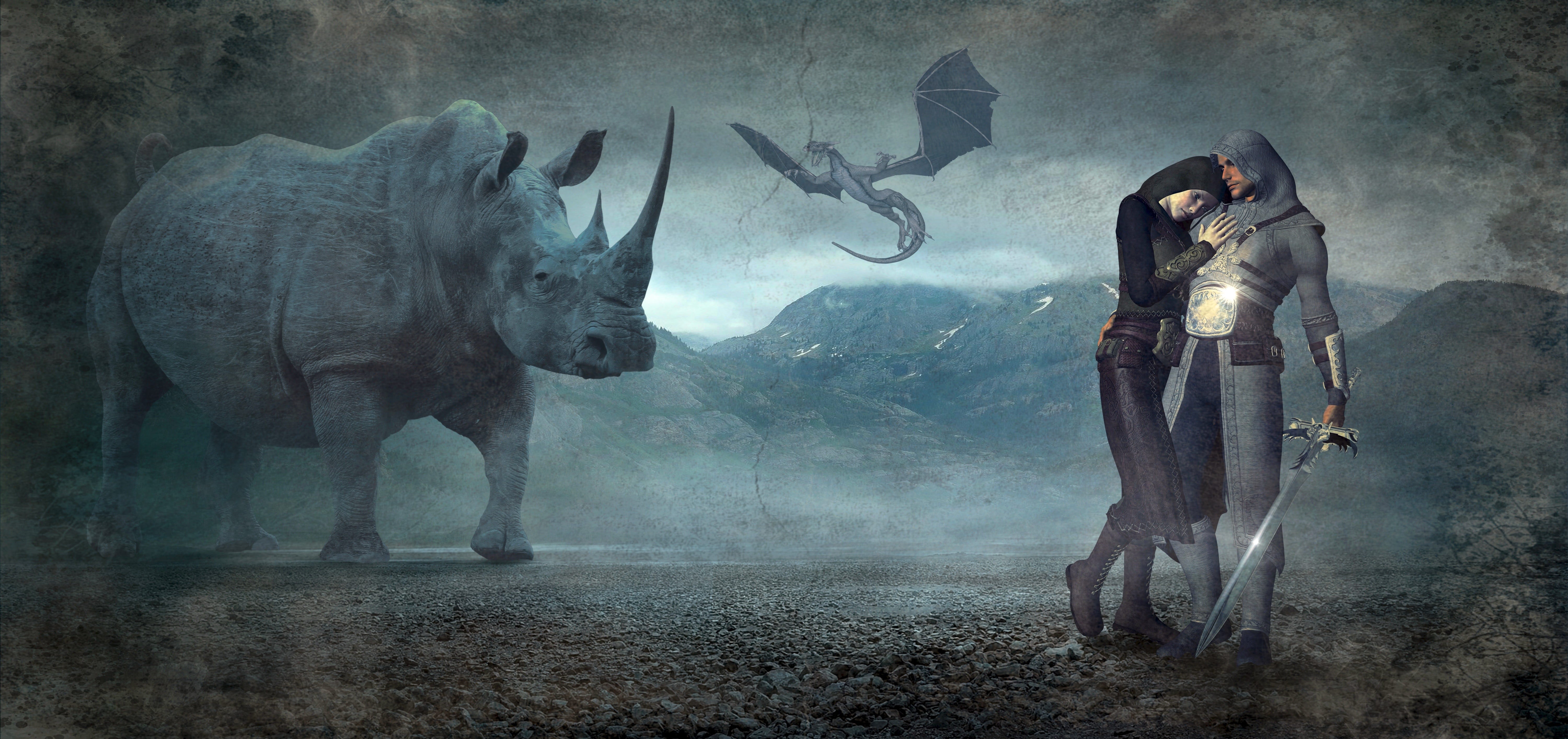 people, grey, sword, fantasy, man, bizarre, painting, romantic, pair, 5K, woman, photoshop, contemplation, dragons, holding, near, young adult, huge, light, HD Wallpaper