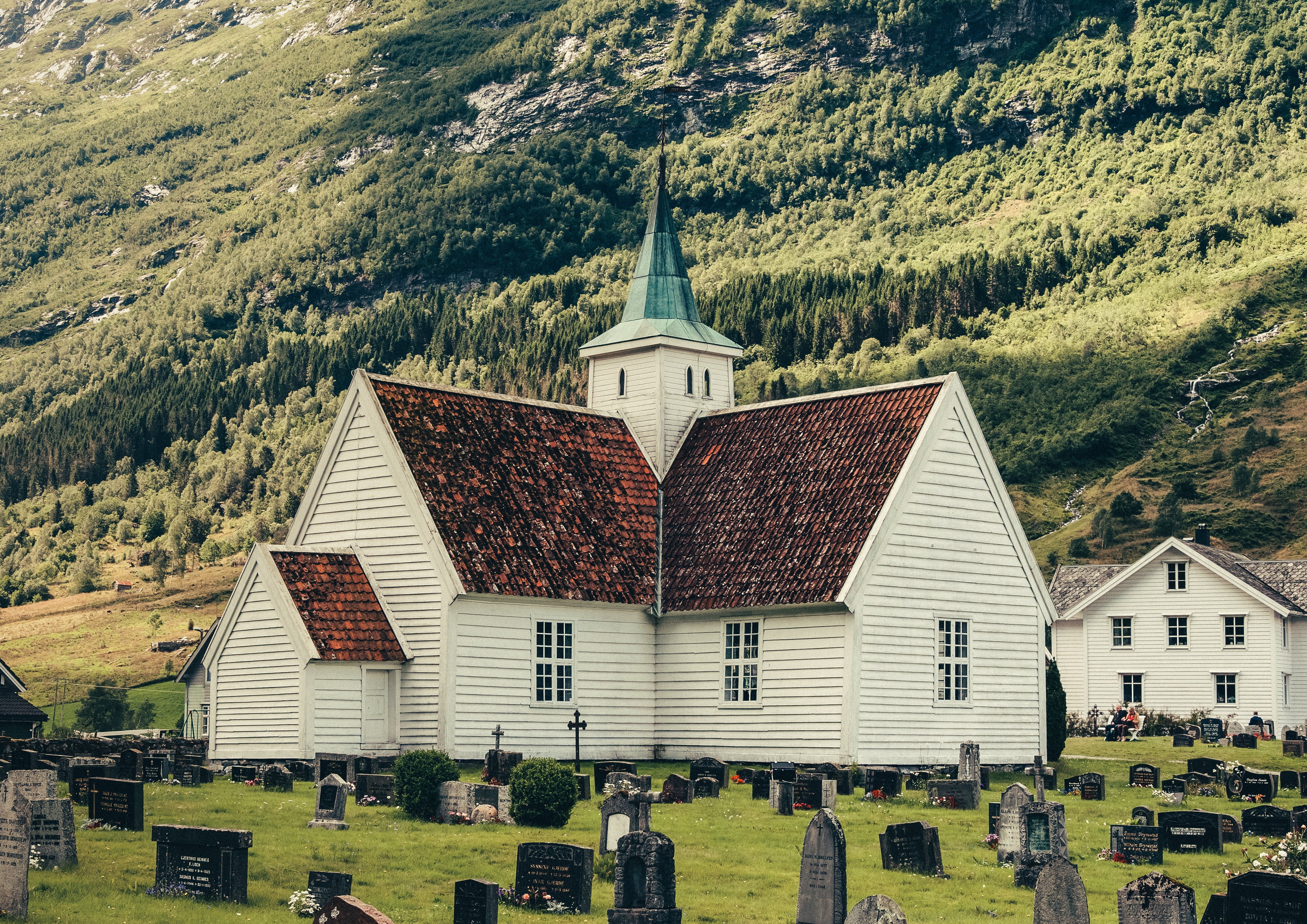 surrounded, green, barn, tree, grave, place of worship, building, outdoors, day, trees, high angle view, architecture, building exterior, 2K, beauty in nature, HD Wallpaper