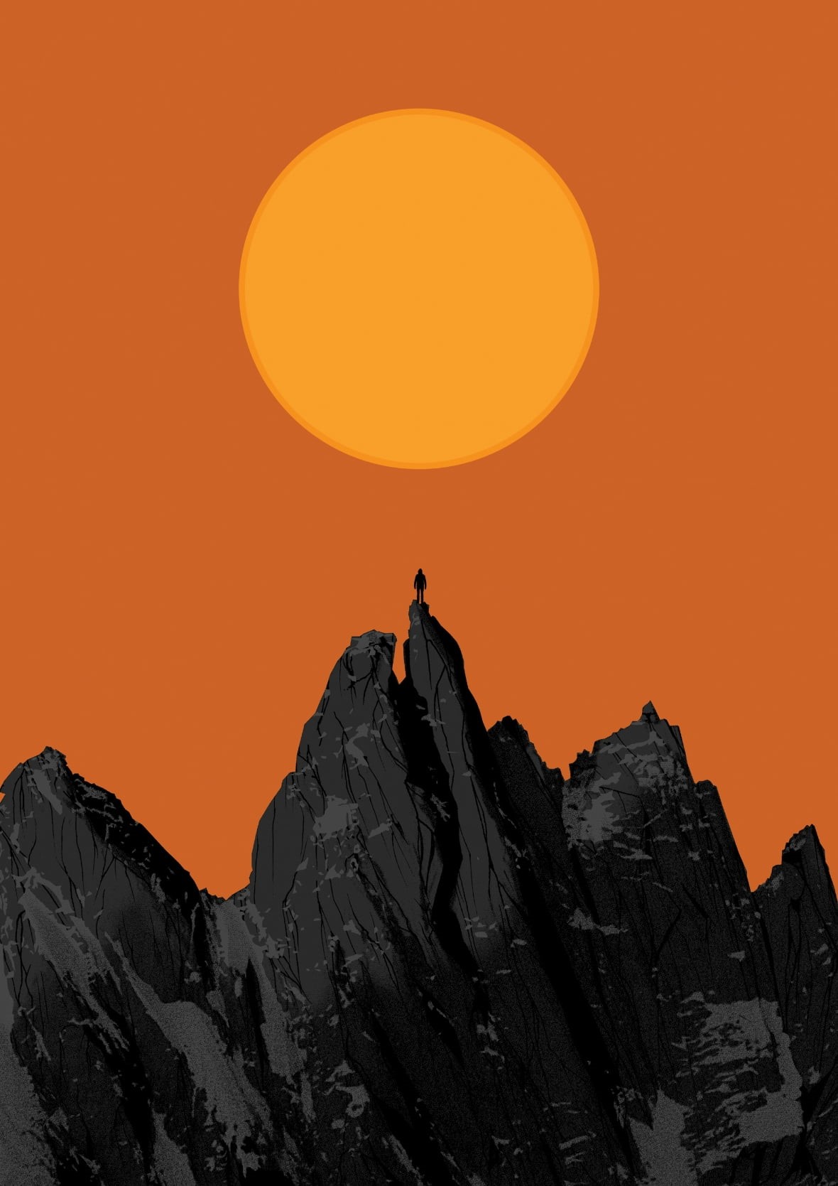 digital art, solid, outdoors, full moon, black, one person, rock - object, silhouette, tranquility, rock climbing, nature, orange background, unrecognizable person, Phone HD Wallpaper