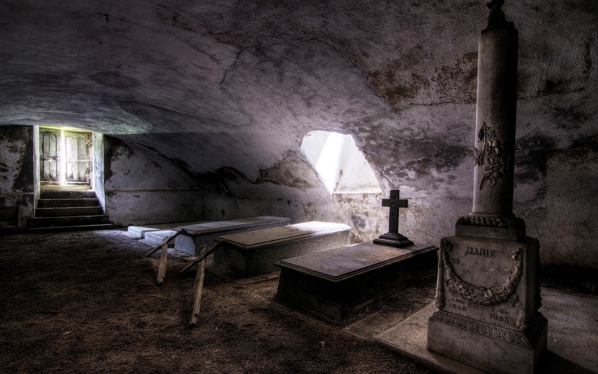 stairs, ancient, cross, abandoned, grave, HDR, tomb, sunlight, wall, door, 1080P, interior, stones, HD Wallpaper