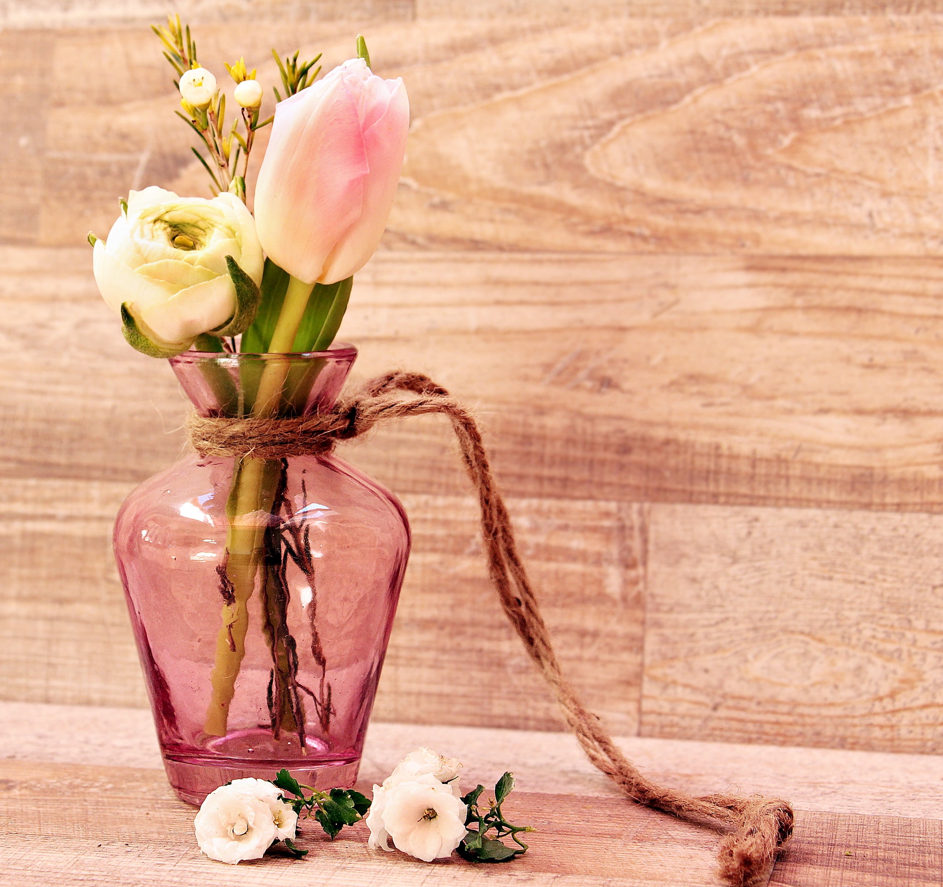 spring flowers, food, vase, freshness, frisch, greeting, ranunculus, bloom, 2K, table, flower arrangement, bow pink, food and drink, white, spring, deco, HD Wallpaper