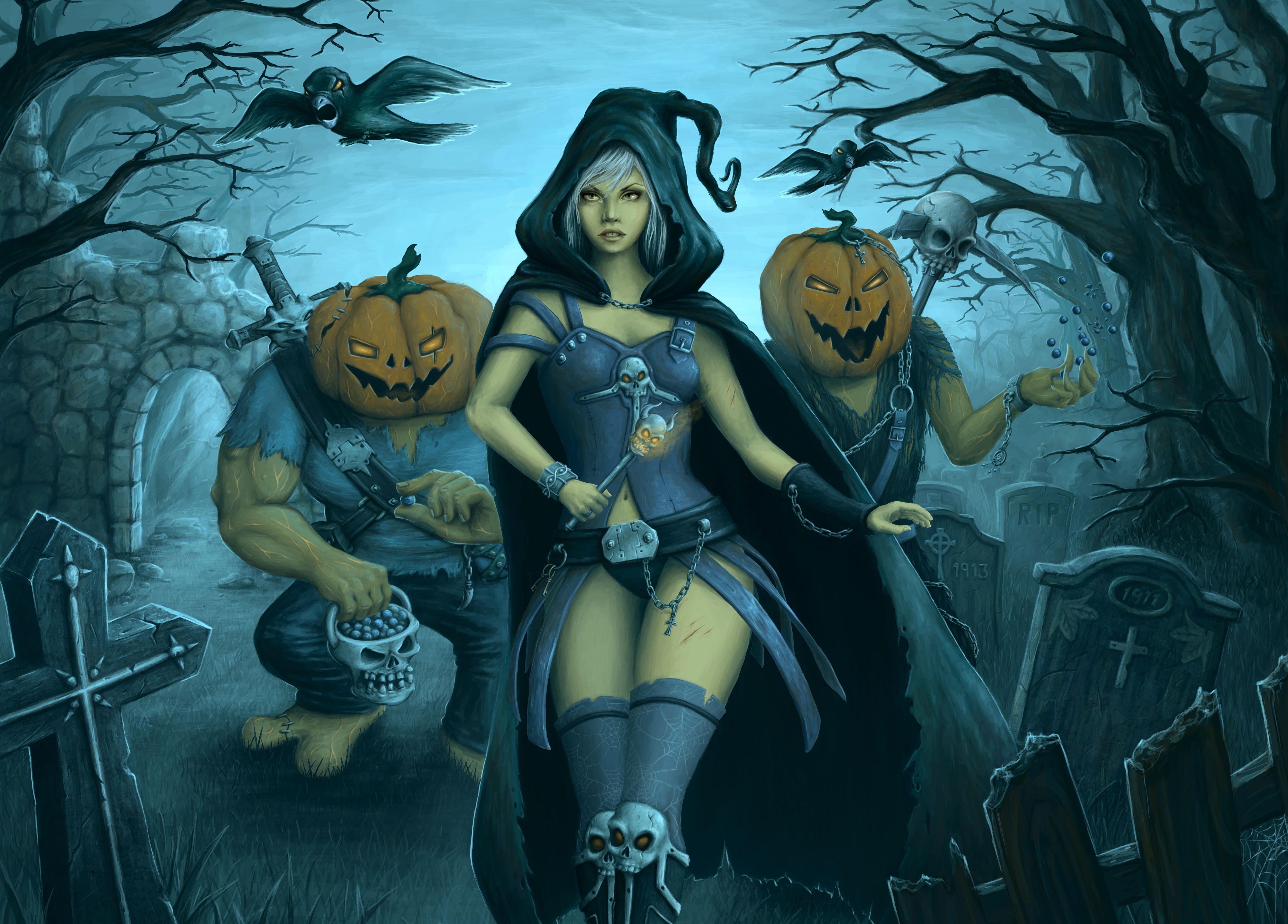 cemetery, skulls, skull, Girls, Gothic, 5K, Fantasy, dark, pumpkin, Halloween, HD Wallpaper