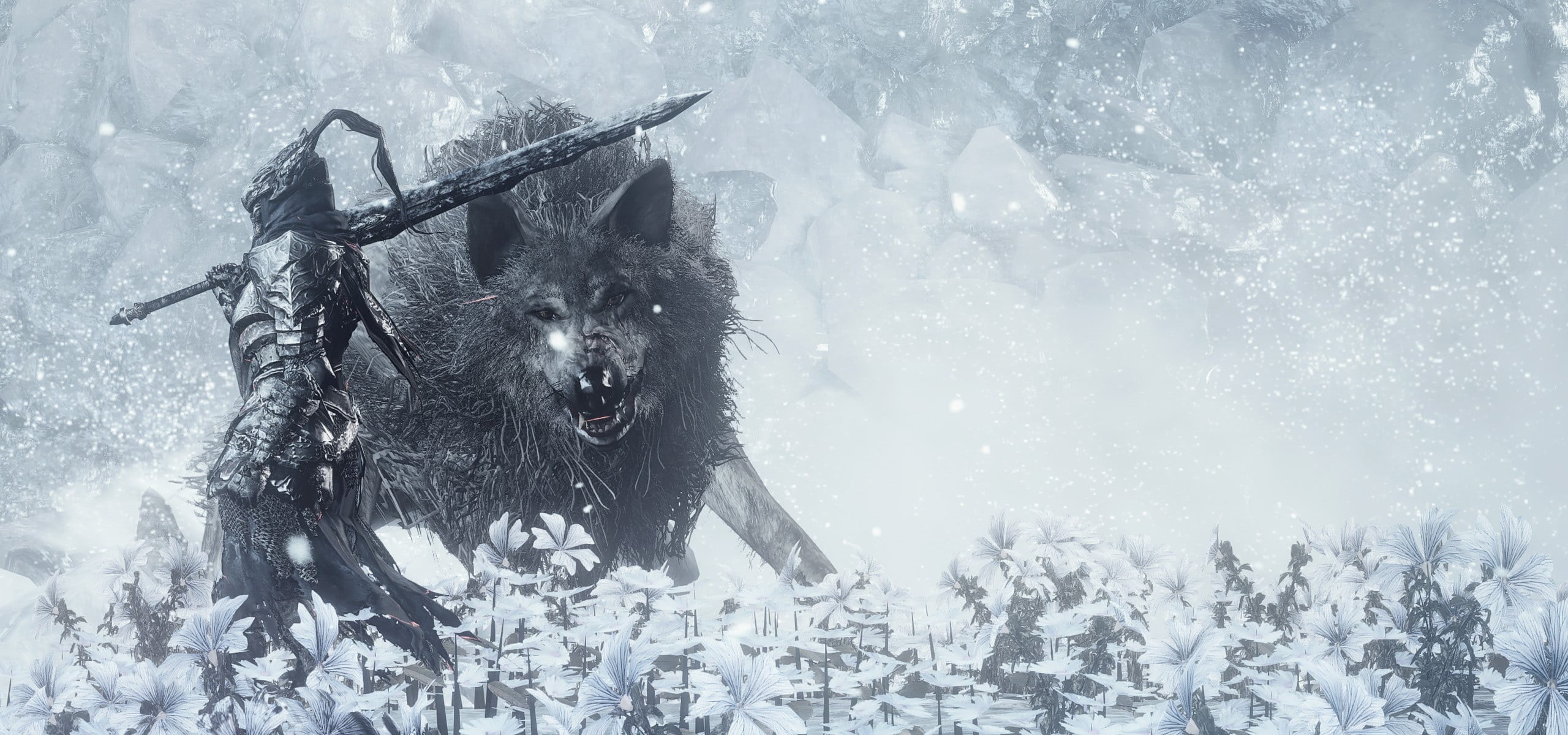 flower, sword, Dark Souls III, wolf, animal, Dark Souls, blade, ken, armor, 2K, game, Dark Souls 3, hana, giant wolf, HD Wallpaper