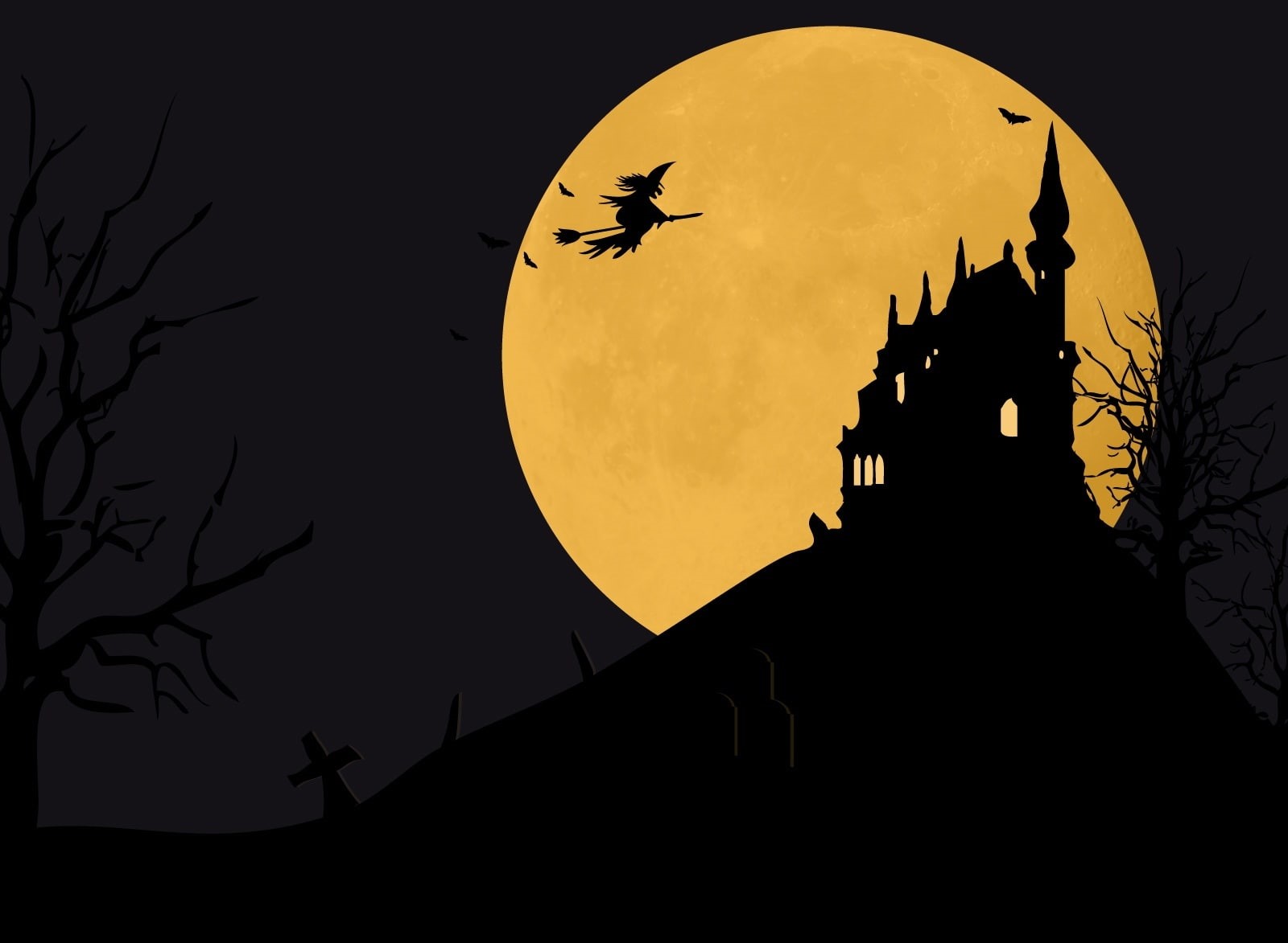 Scary, animal wildlife, sunset, illustration, bg, tree, Night, Background, Witch, 720P, sky, animal themes, bird, final, Spooky, flying, animal, Holidays, HD Wallpaper