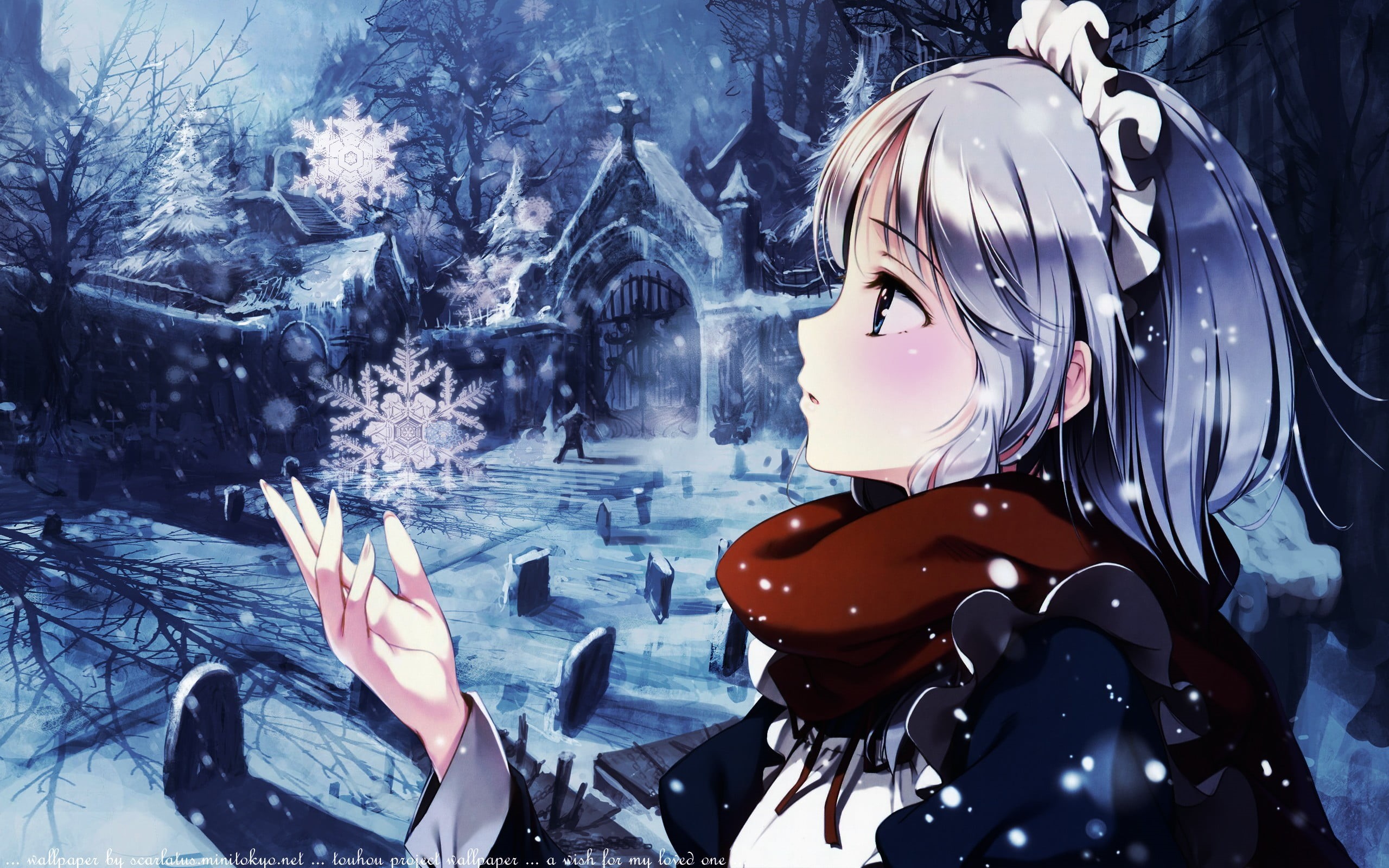 winter, leisure activity, ke-ta, day, real people, close-up, Izayoi Sakuya, people, Touhou, cold temperature, cemetery, scarf, 2K, holiday, nature, snow flakes, HD Wallpaper