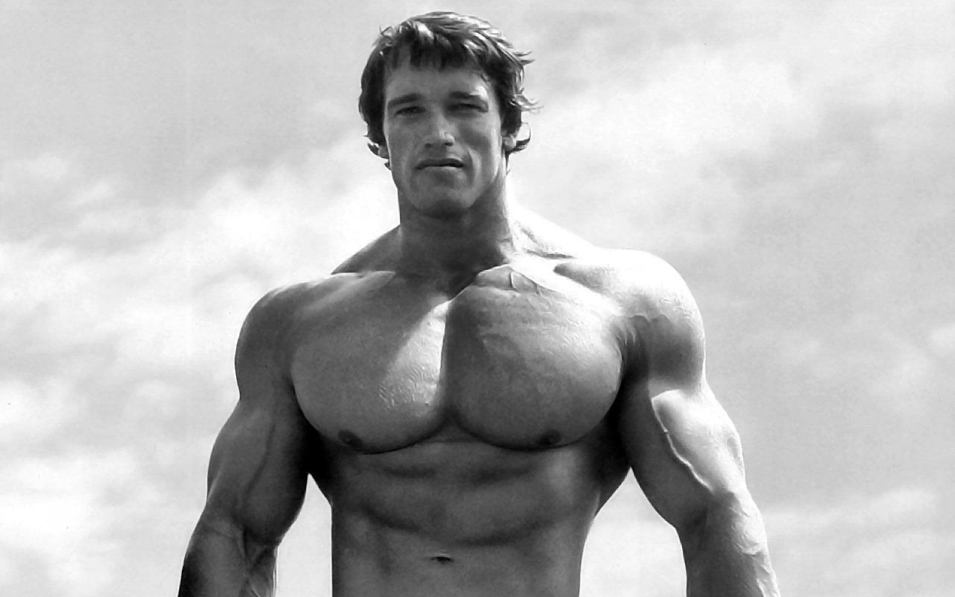 cloud - sky, strength, young adult, grayscale, schwarzenegger, 1080P, beautiful people, one person, shirtless, males, healthy lifestyle, wellbeing, abdominal muscle, HD Wallpaper