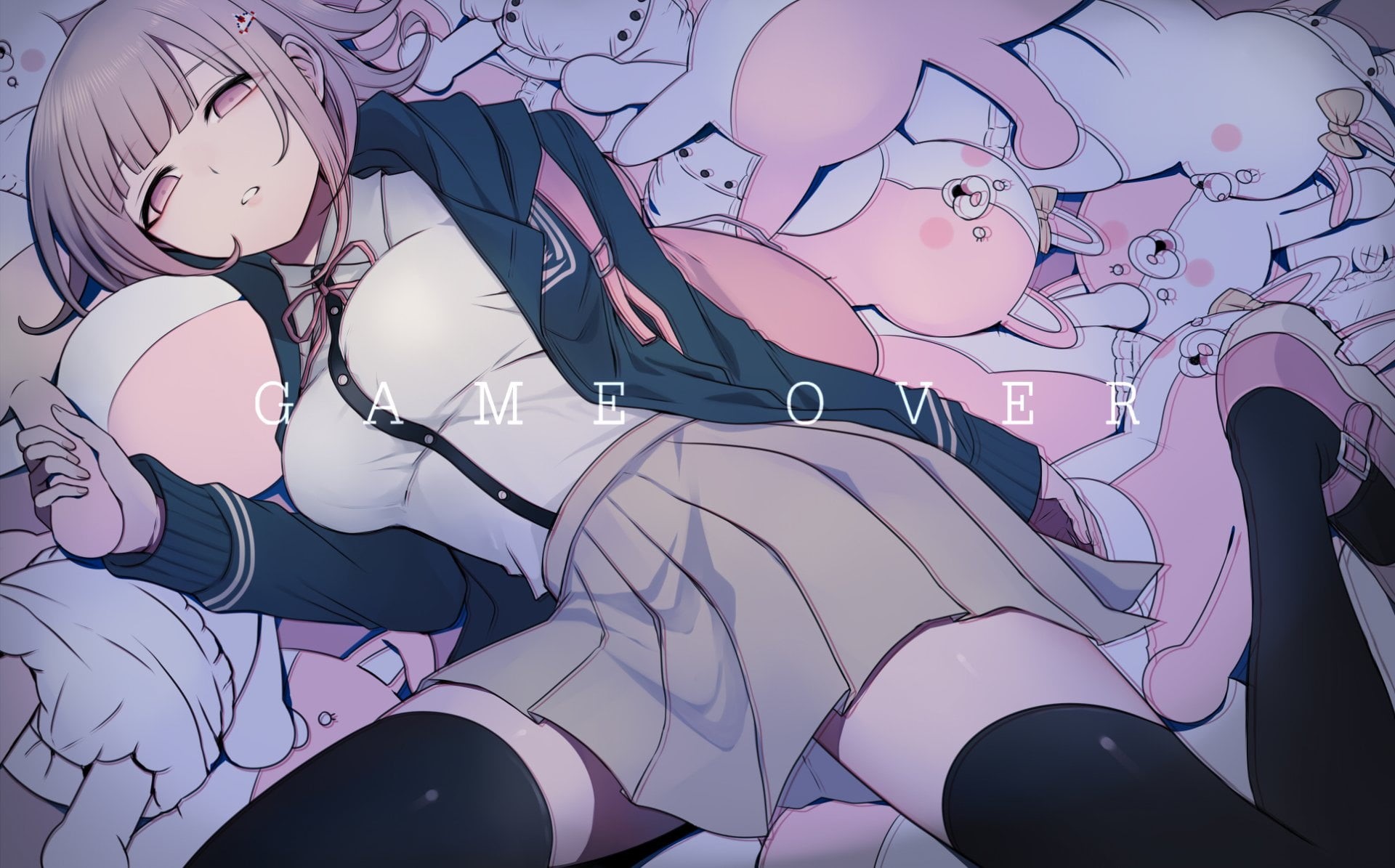 sitting, indoors, relaxation, Danganronpa, one person, nature, hairstyle, real people, 1080P, leisure activity, young women, pink color, casual clothing, HD Wallpaper