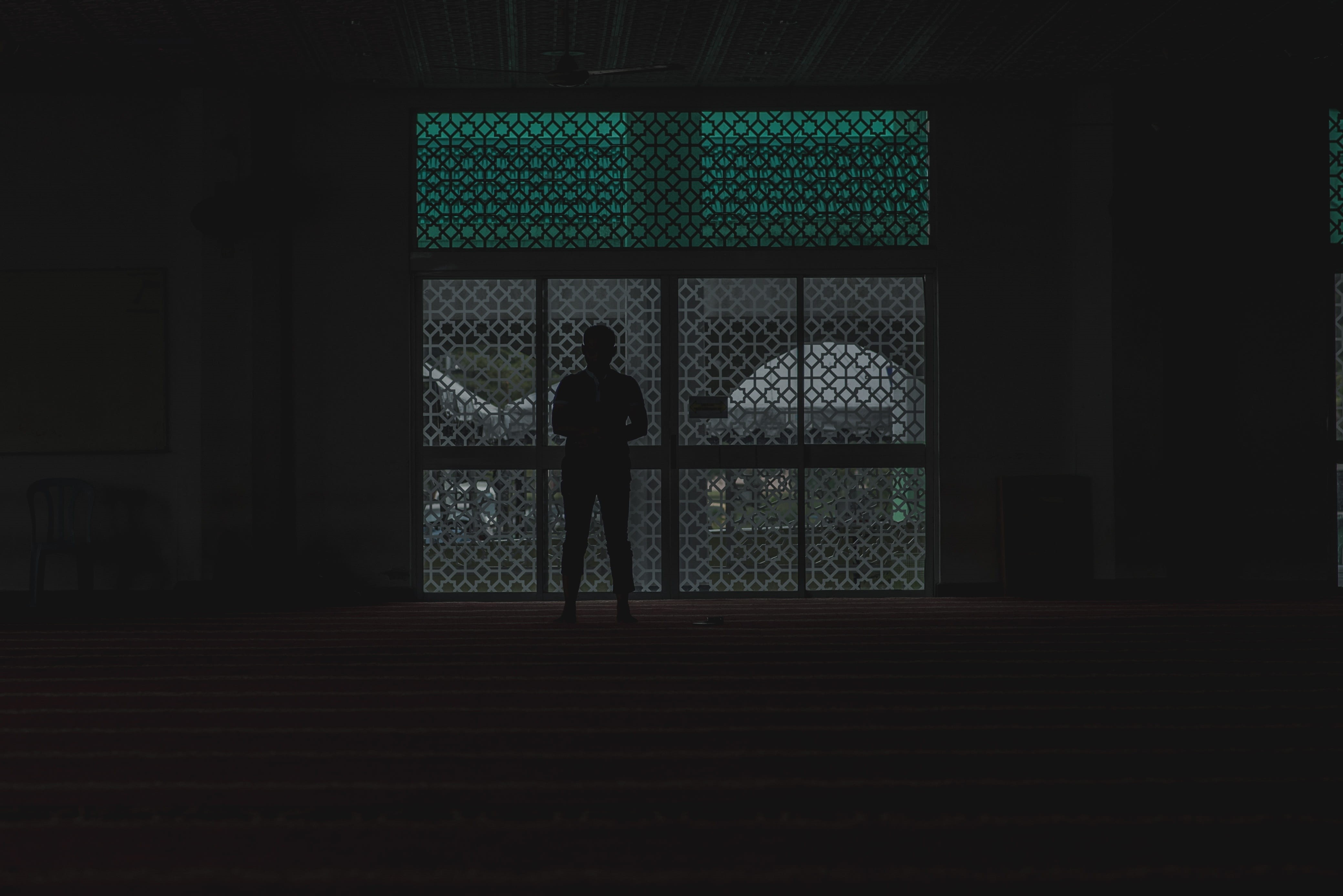 solat, muslim, 4K, green color, building, entrance, illuminated, men, standing, silhouette, night, pray, leisure activity, indoors, adult, architecture, HD Wallpaper