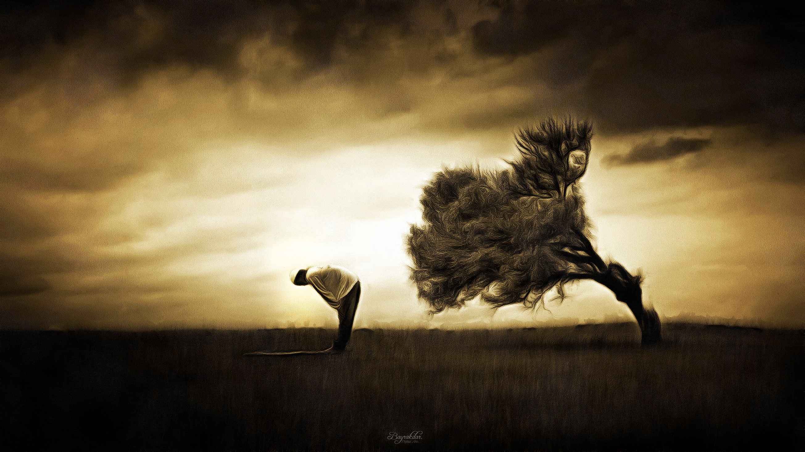 sky, plant, storm cloud, religion, dramatic sky, tree, sunset, fantasy art, overcast, praying, dark, silhouette, dusk, environment, tranquility, outdoors, HD Wallpaper