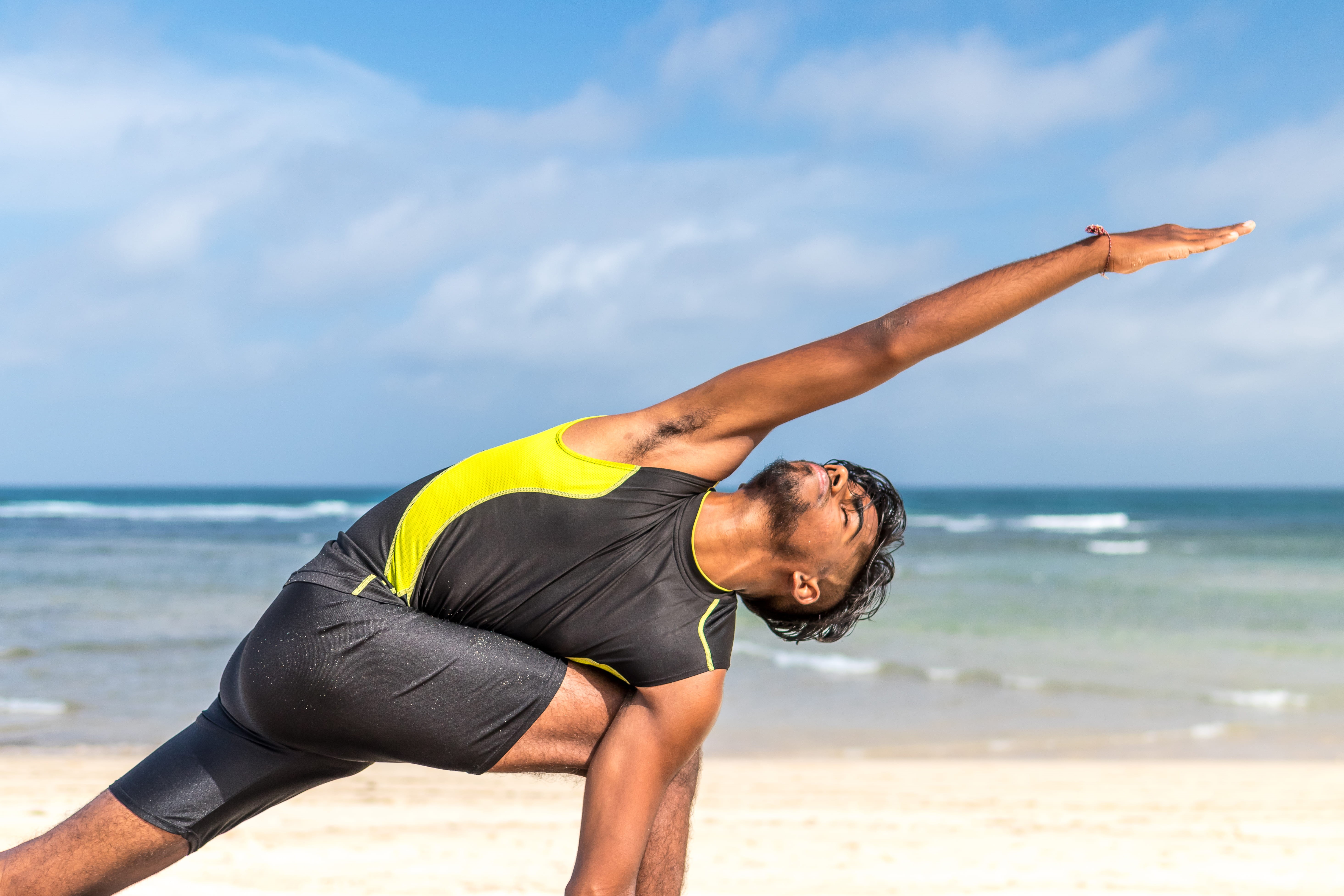 nature, day, calm, wellbeing, healthy lifestyle, ocean, sand, sitting, beach, horizon over water, body, balance, tropical, healthy, practice, male, hand, HD Wallpaper