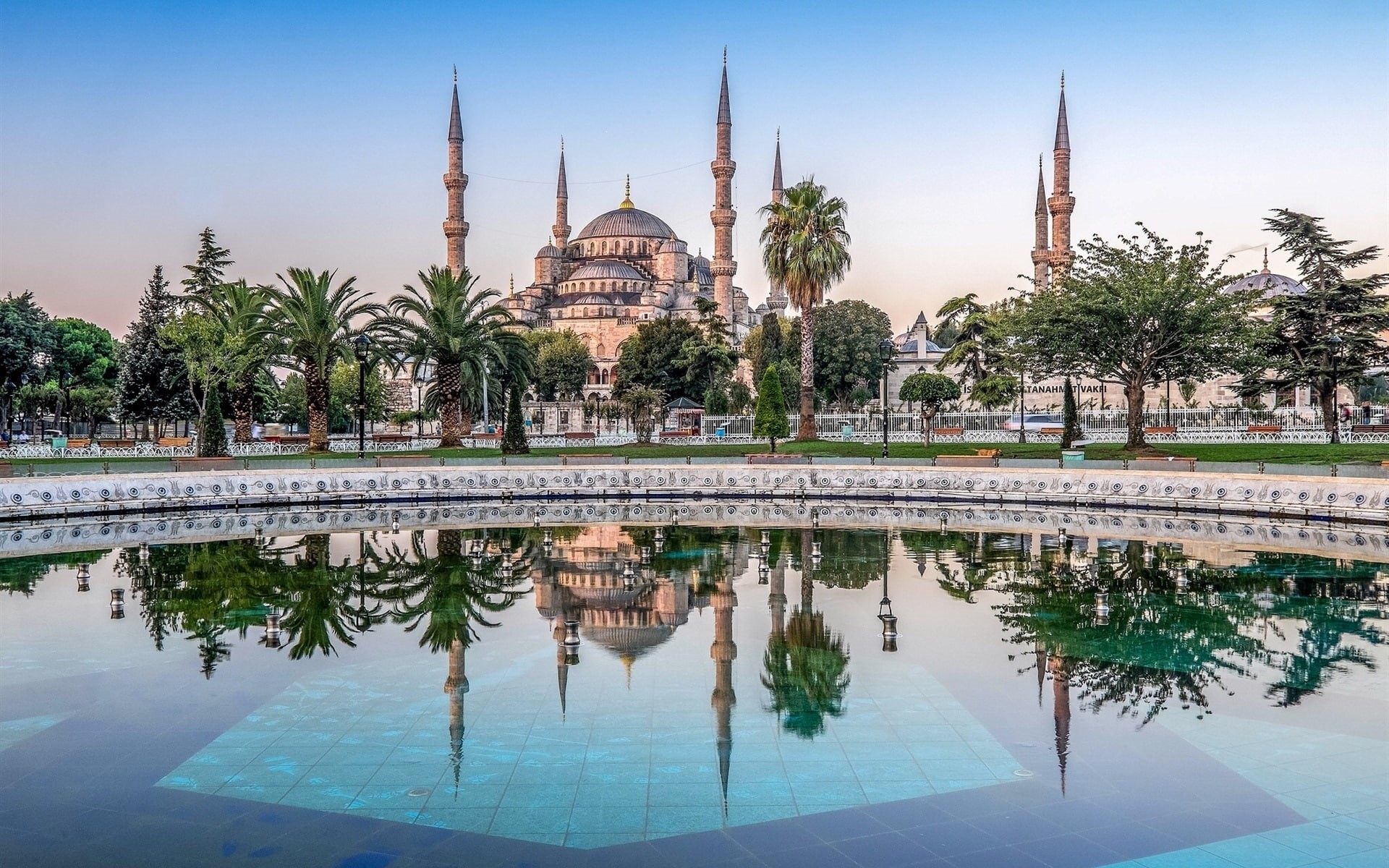 Blue, 1080P, ahmed, sultan, Trees, white, Turkey, Mosque, Pool, Palm, Istanbul, HD Wallpaper