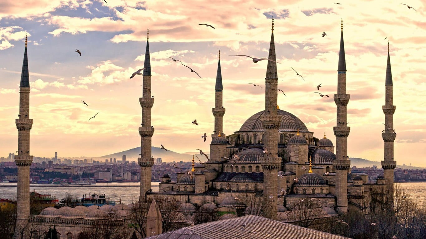 building, spirituality, city, no people, belief, built structure, 720P, concrete, Istanbul, travel destinations, mosque, sunset, outdoors, dome, spire, HD Wallpaper