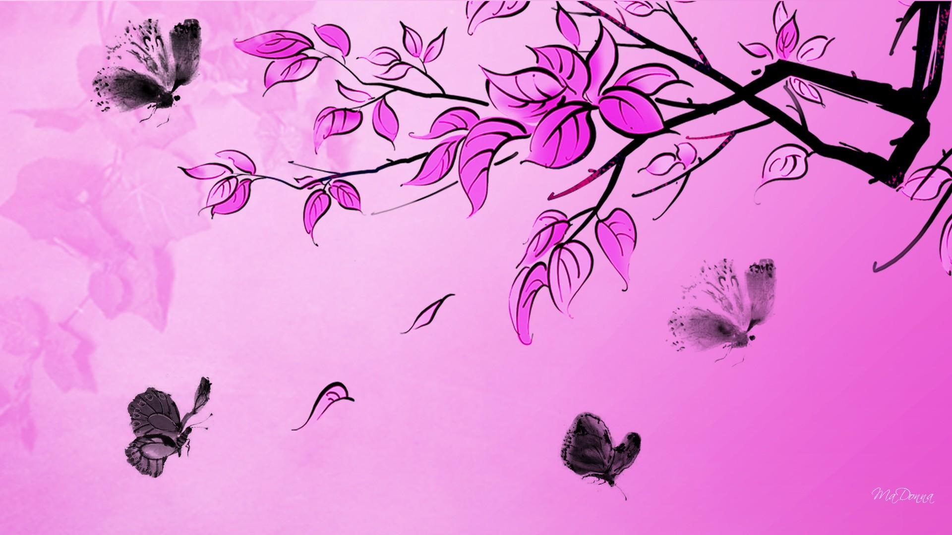 1080P, 3d and abstract, pink, tree, butterflies, bright, black, summer, firefox persona, limb, HD Wallpaper