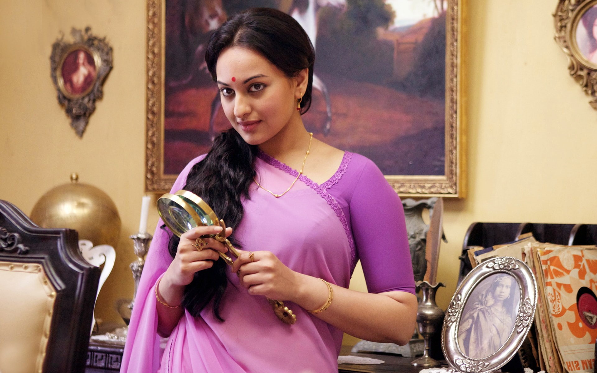 women, sonakshi, 1080P, purple, lootera, sari, s, sinha, HD Wallpaper