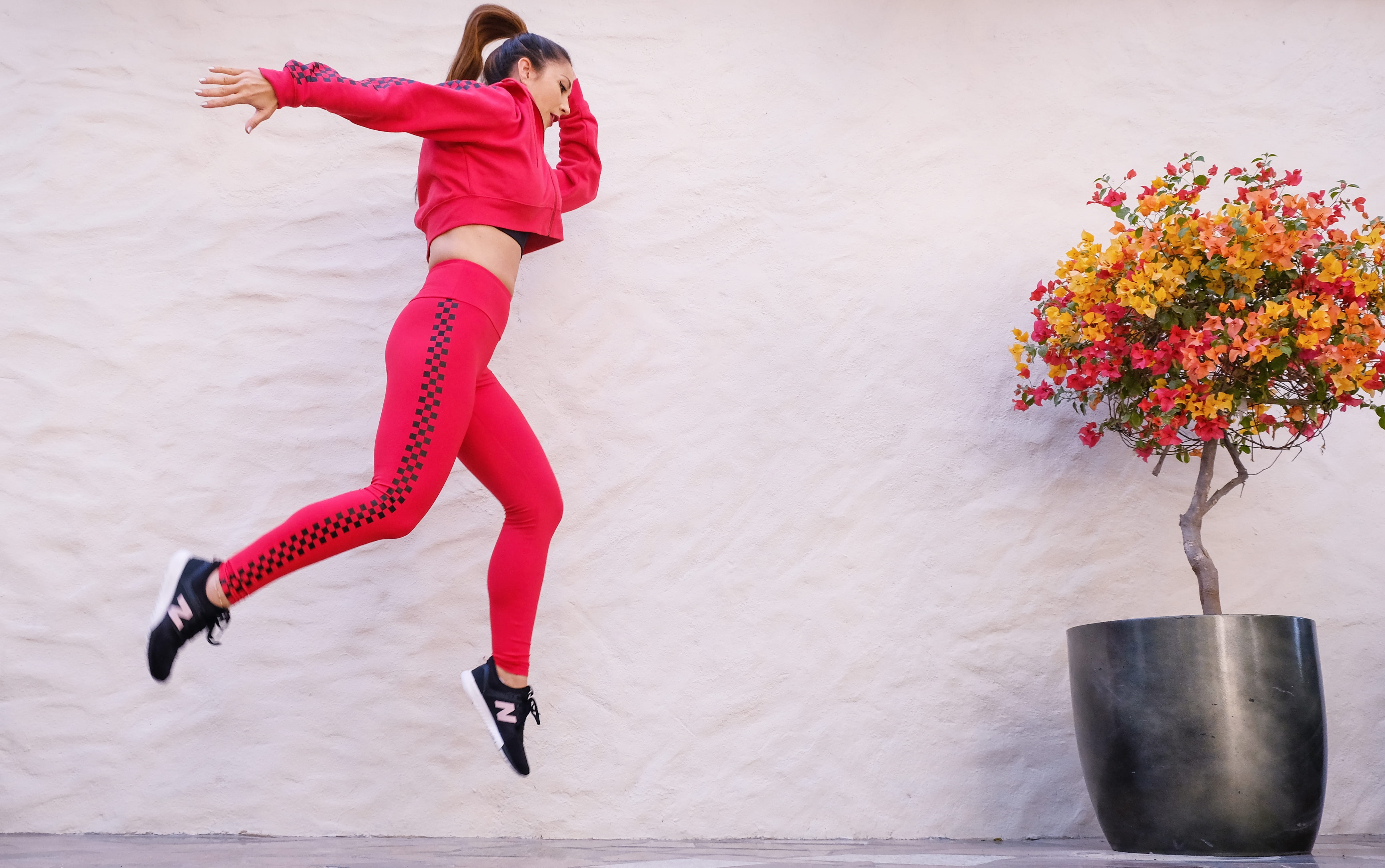 plant, arms raised, fitness, rear view, lifestyles, indoors, leisure, flower, human arm, beautiful, active, flowering plant, sport, tracksuit, jumping, HD Wallpaper