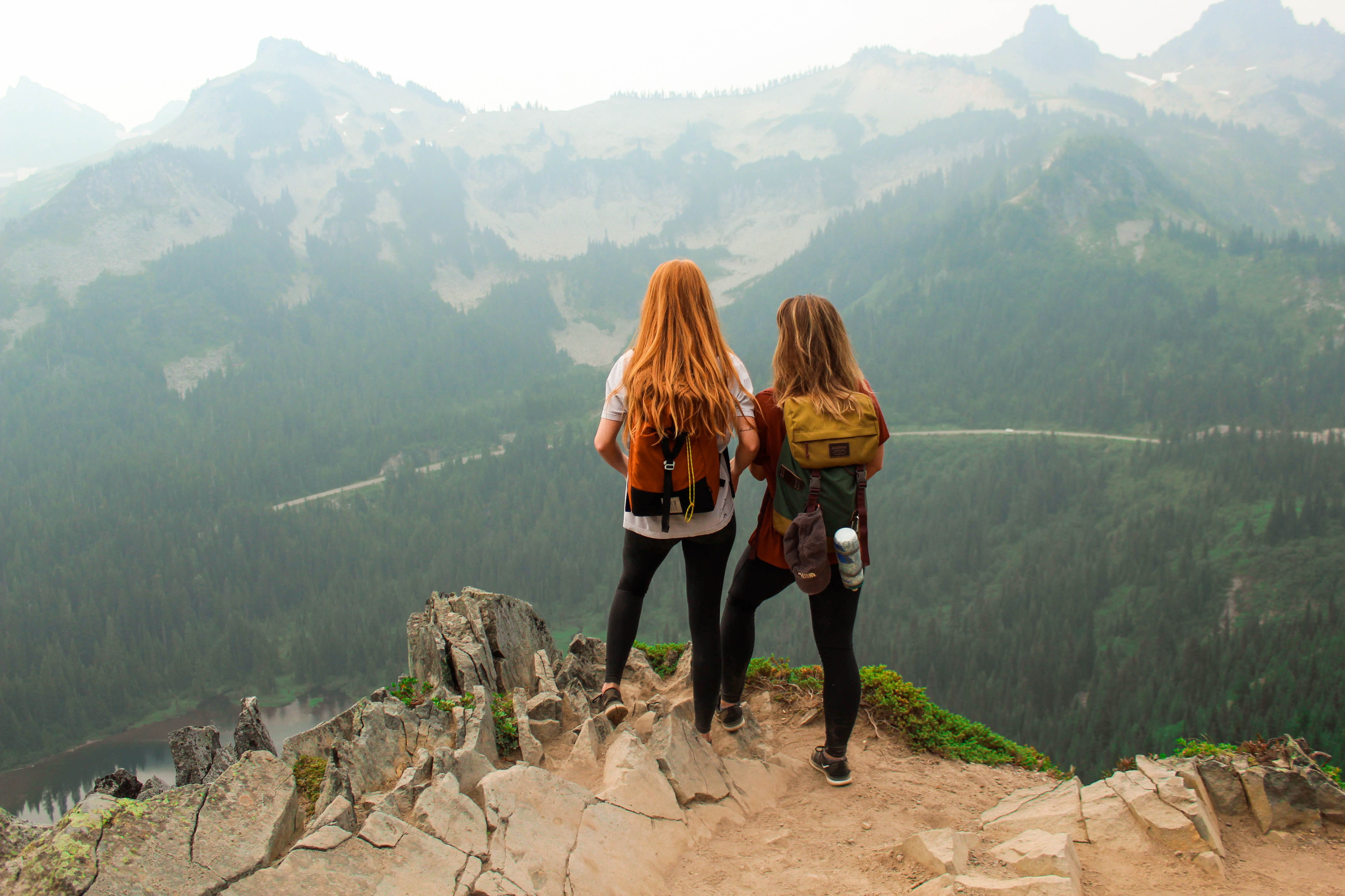 adult, lifestyles, girl, friendship, women, people, peak, rear view, trail, crest, female, overlooking, non-urban scene, activity, real people, leisure activities, HD Wallpaper