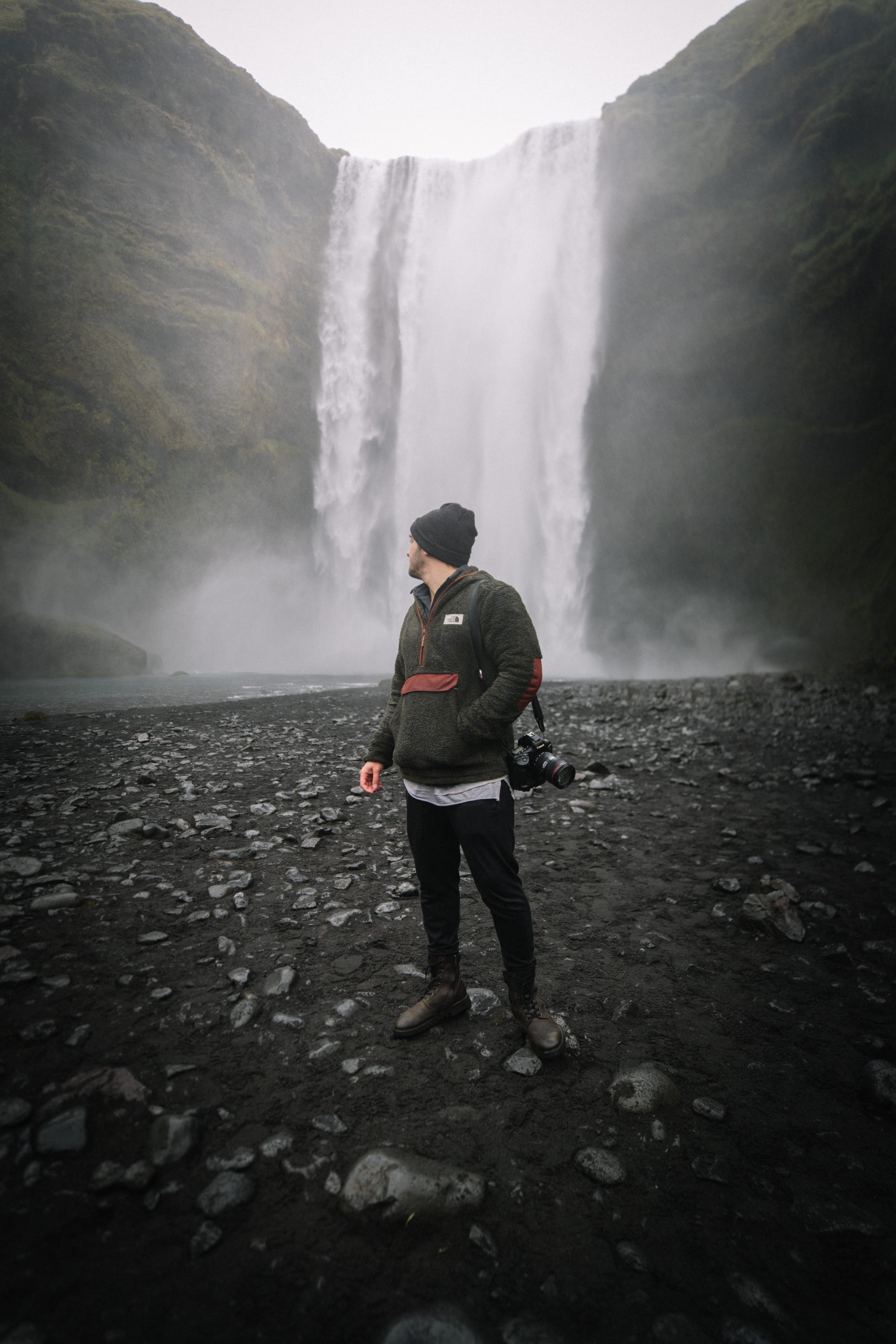 leisure activity, coast, front, flowing, men, lifestyles, power in nature, waterfall, man, ocean, mountain, flowing water, coat, iceland, person, 4K, leisure activities, Phone HD Wallpaper