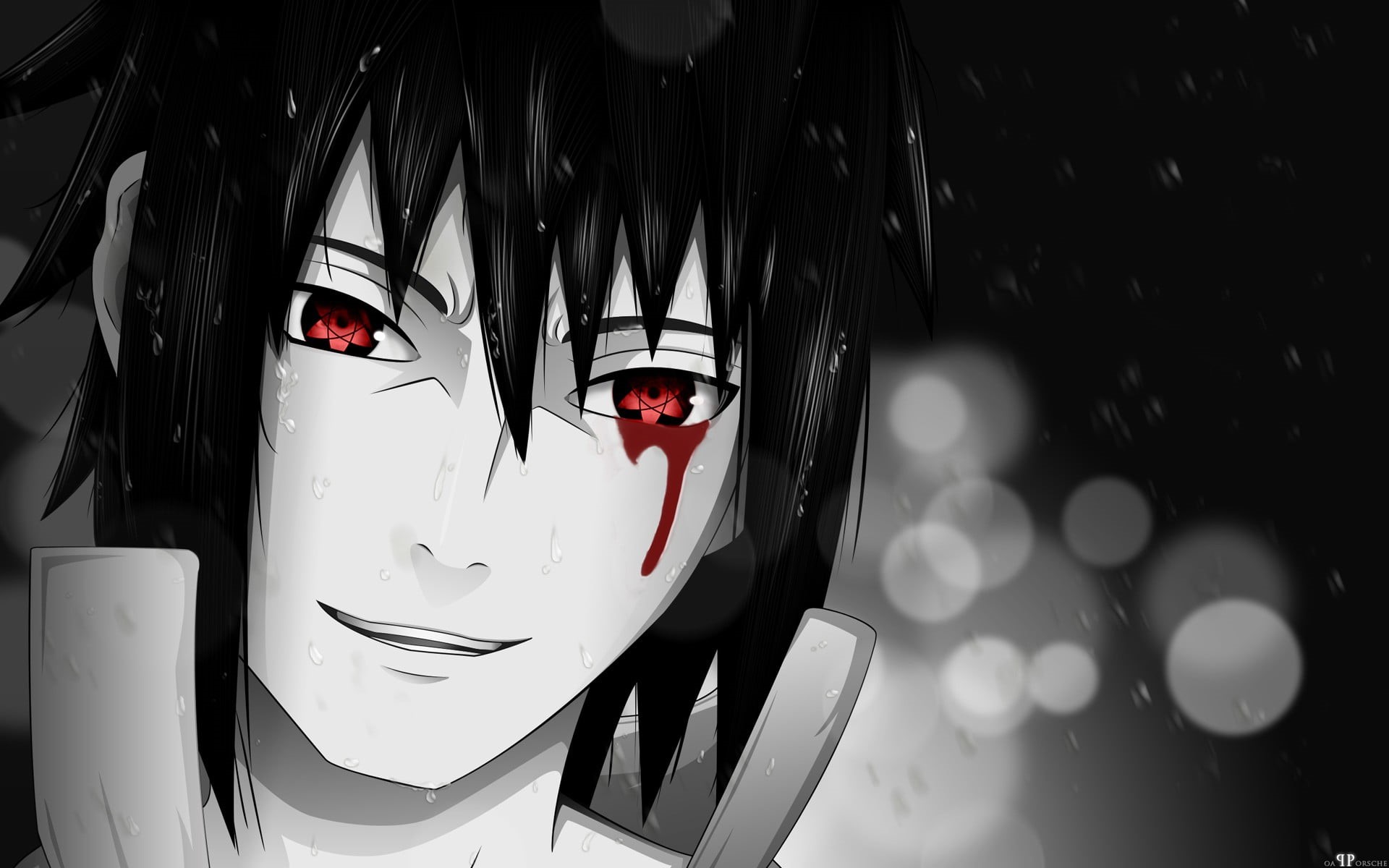 uchiha, figurine, red eyes, anime, male likeness, close-up, carnival, digital, Bleeding Eyes, mask, bokeh, 1080P, sasuke, backgrounds, Mangekyou Sharingan, HD Wallpaper