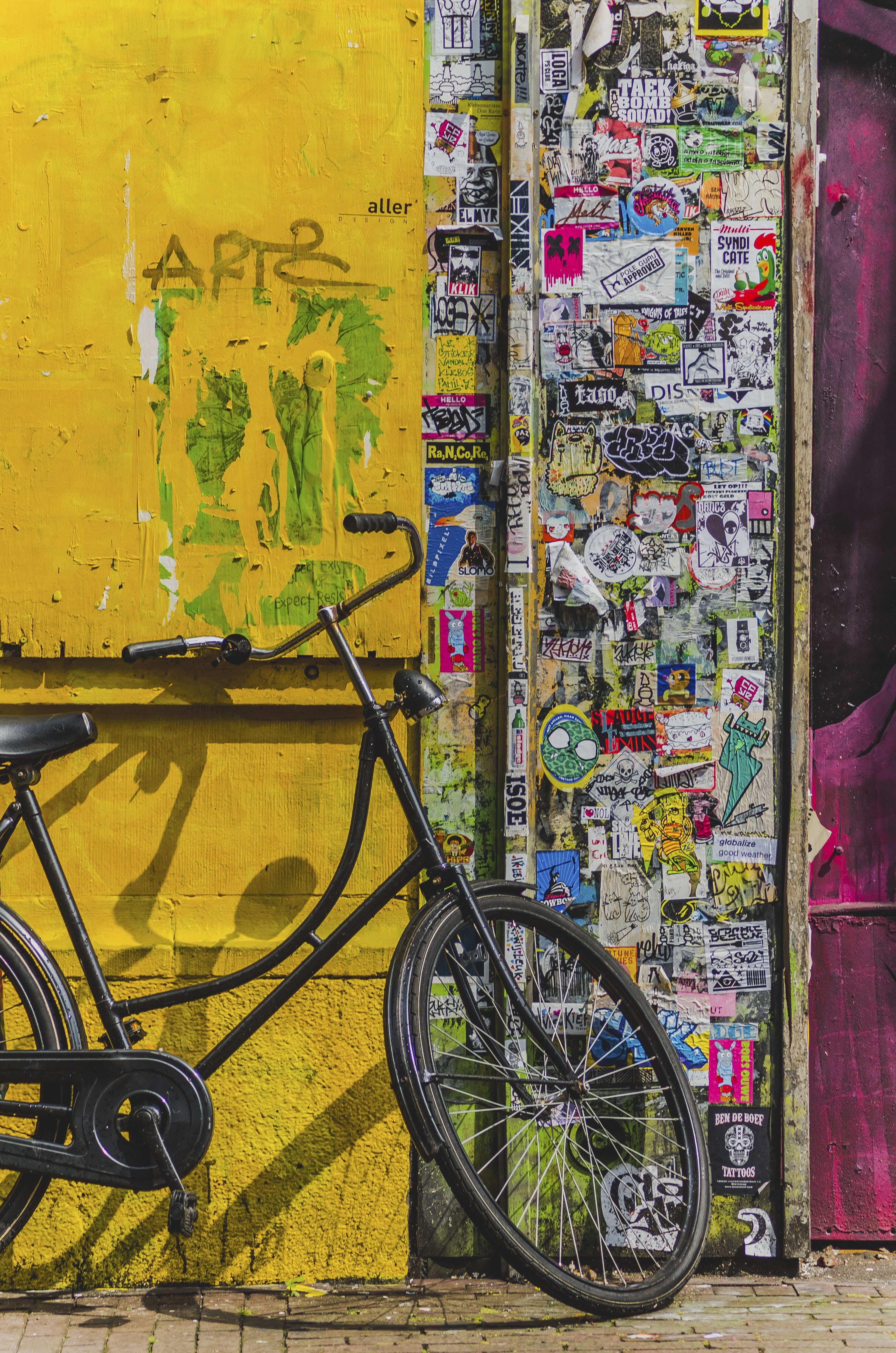 4K, paper, vandalism, no people, creativity, entrance, day, stationary, multi colored, outdoors, cruiser, architecture, door, aesthetic, wall, bicycle, Phone HD Wallpaper