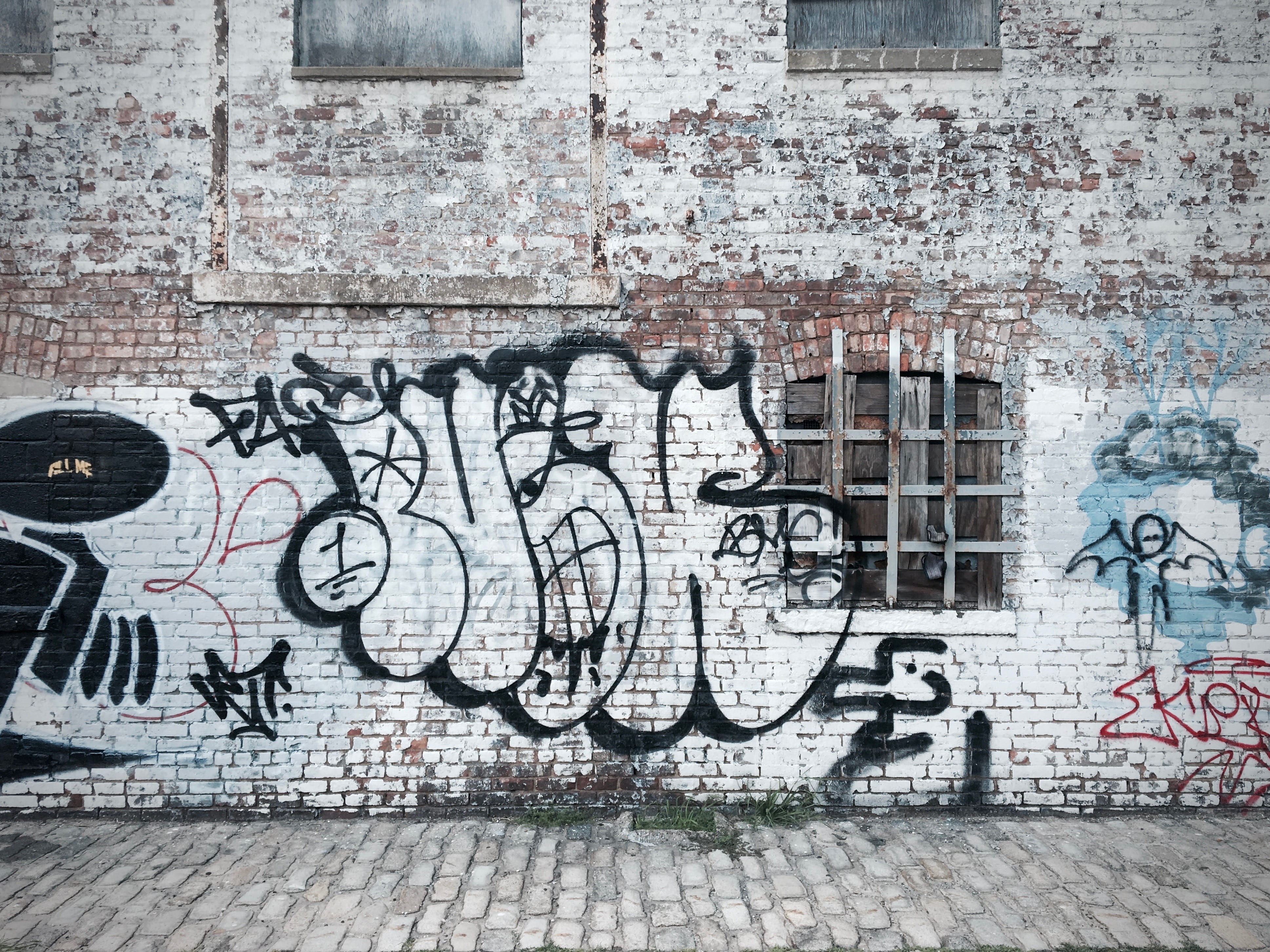 building, building exterior, black and white, mural, creativity, white, graffiti art, no people, vandal, western script, brick wall, text, communication, HD Wallpaper