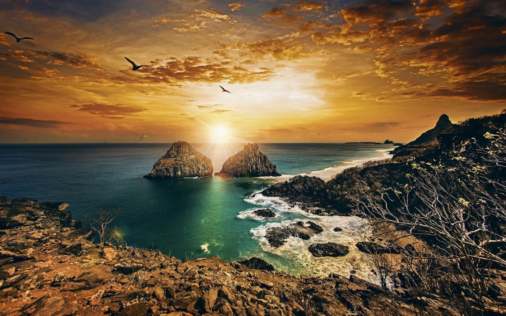 Fernando de Noronha, ocean, coast, Brazil, Twin Brothers, Atlantic Ocean, Pernambuco, atlantic, 720P, cliffs, sunset, HD Wallpaper