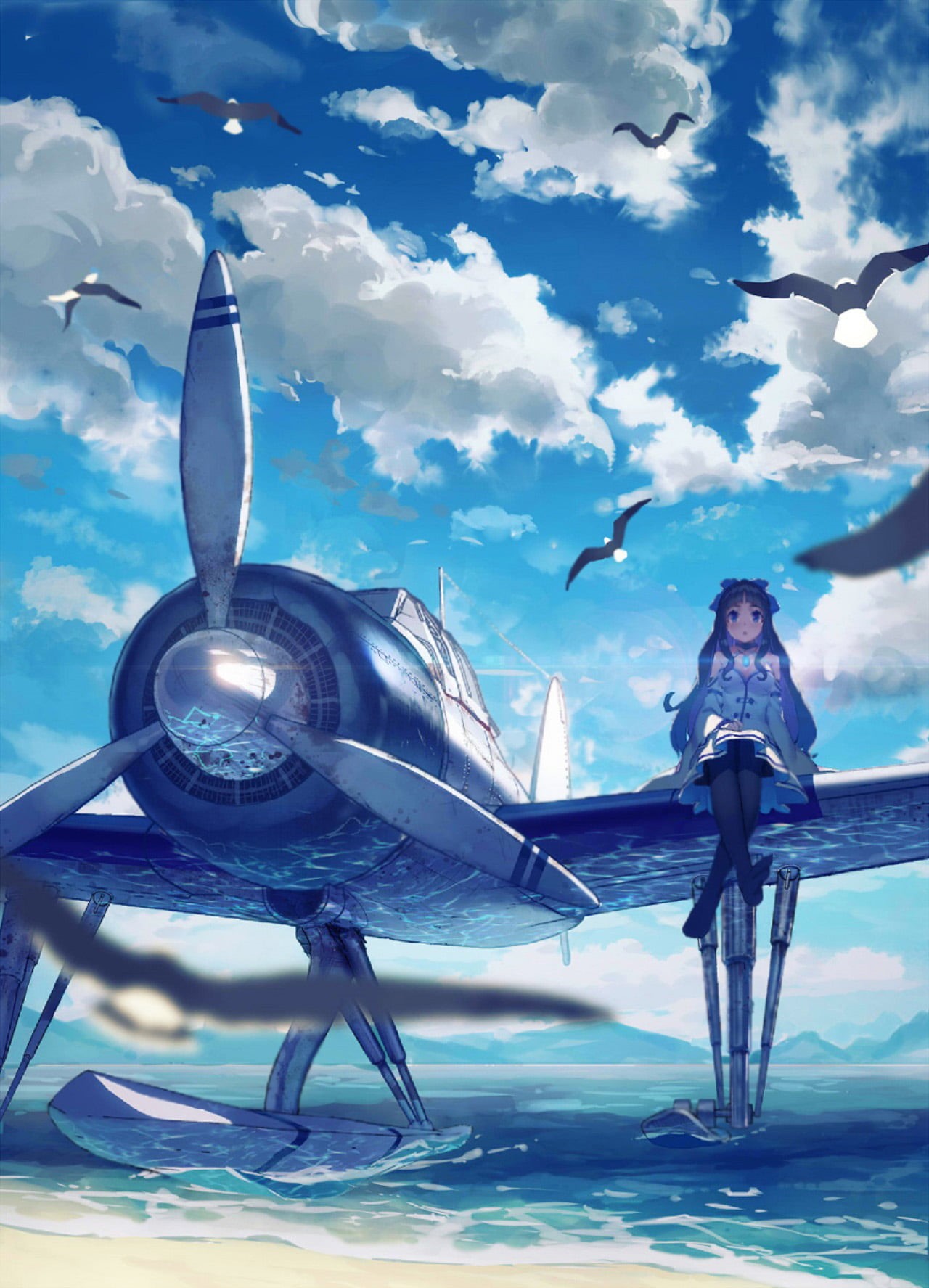 cloud - sky, anime, mode of transportation, nature, bird, animal wildlife, seagulls, sky, transportation, people, travel, flying, adult, airplane, blue, Phone HD Wallpaper