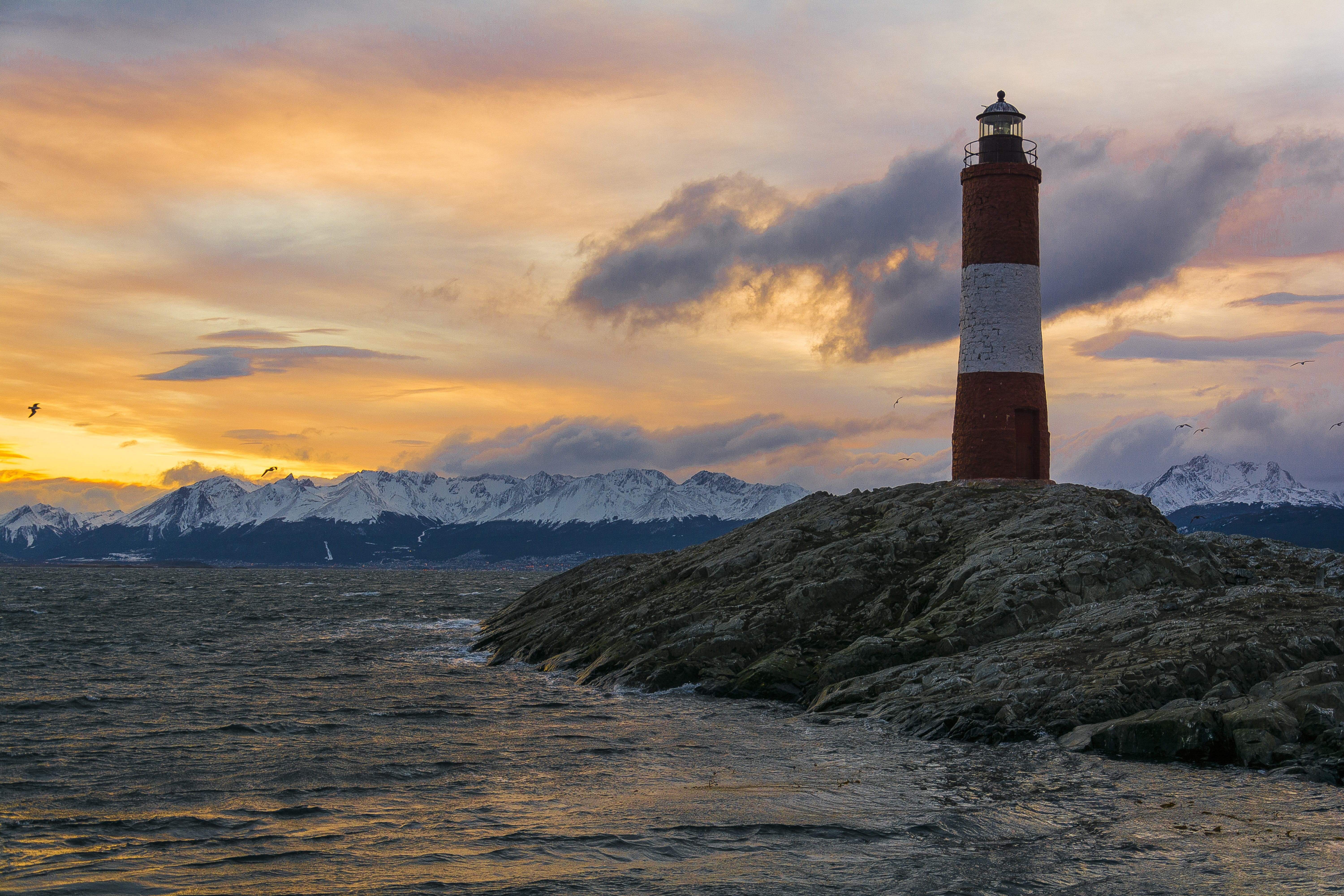 ushuaia, beauty in nature, sea, nature, mountain, outdoors, water, architecture, direction, tower, patagonia, no people, seagull, ocean, cloud - sky, protection, HD Wallpaper