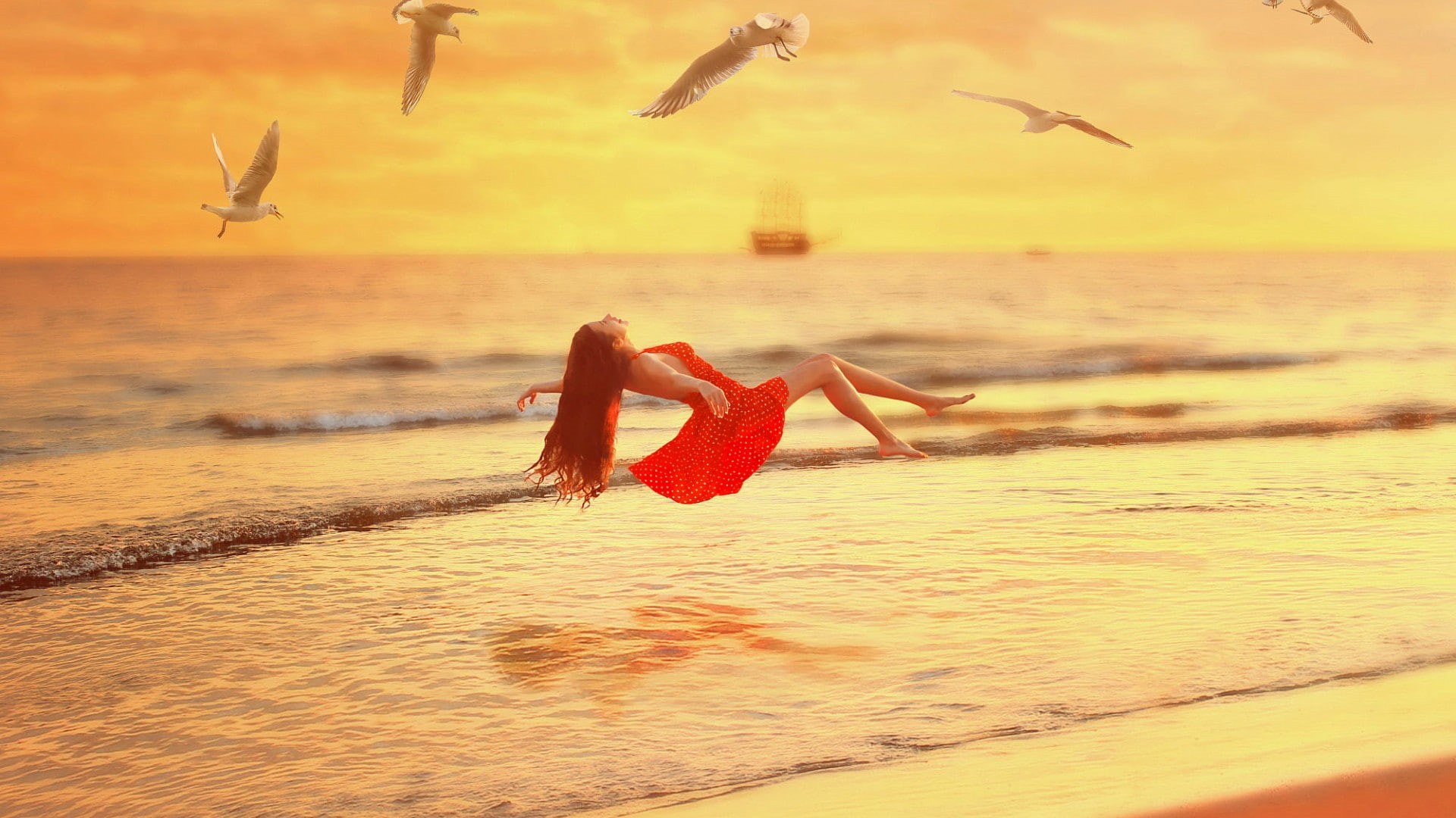 dress, birds, red, sea, 1080P, beach, seagull, girl, sunset, red dress, levitation, HD Wallpaper