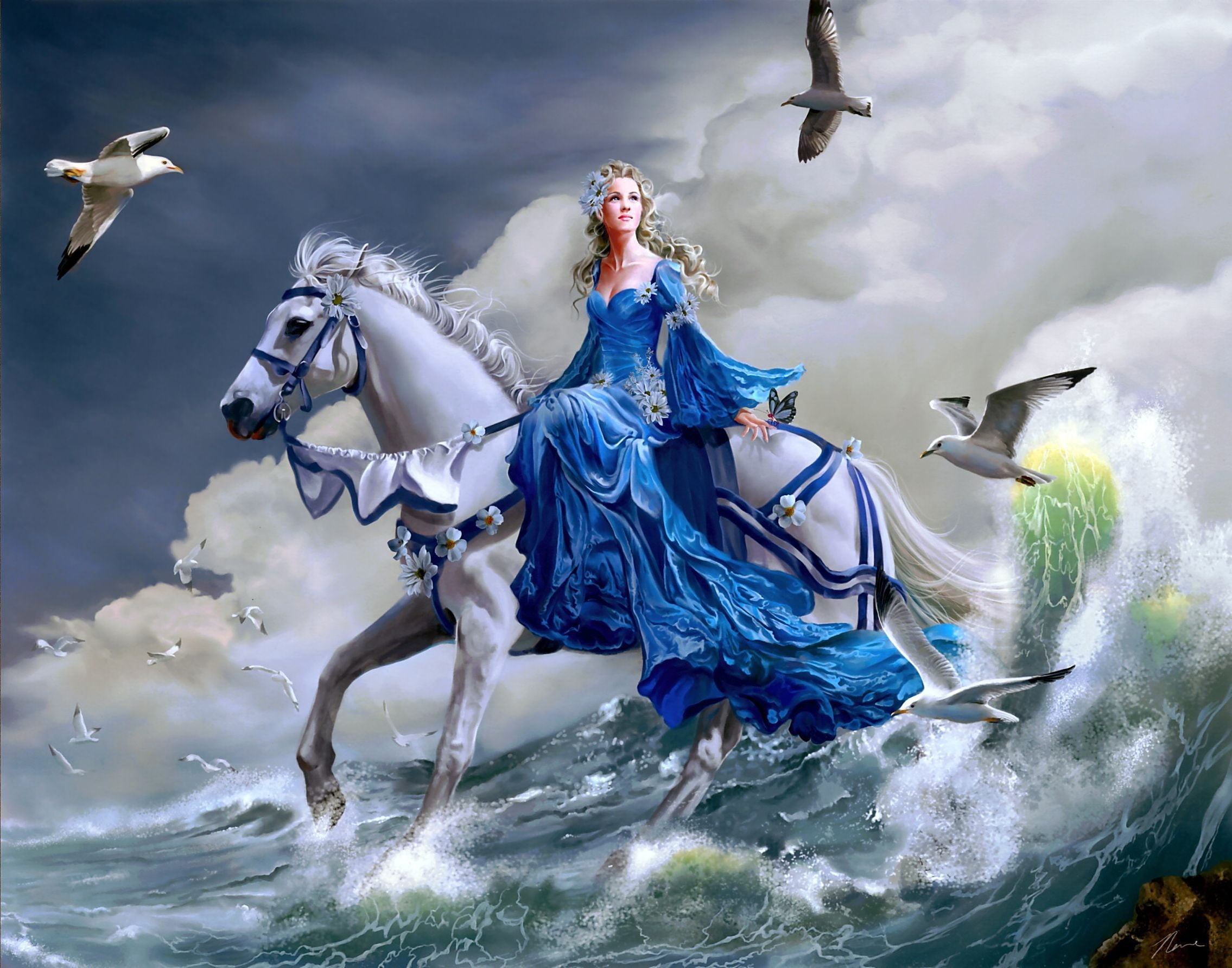 sea, girl, digital, riding, flock of birds, art, beauty in nature, flying, men, splashing, white, bird, outdoors, fantasy, 1080P, motion, blue, HD Wallpaper