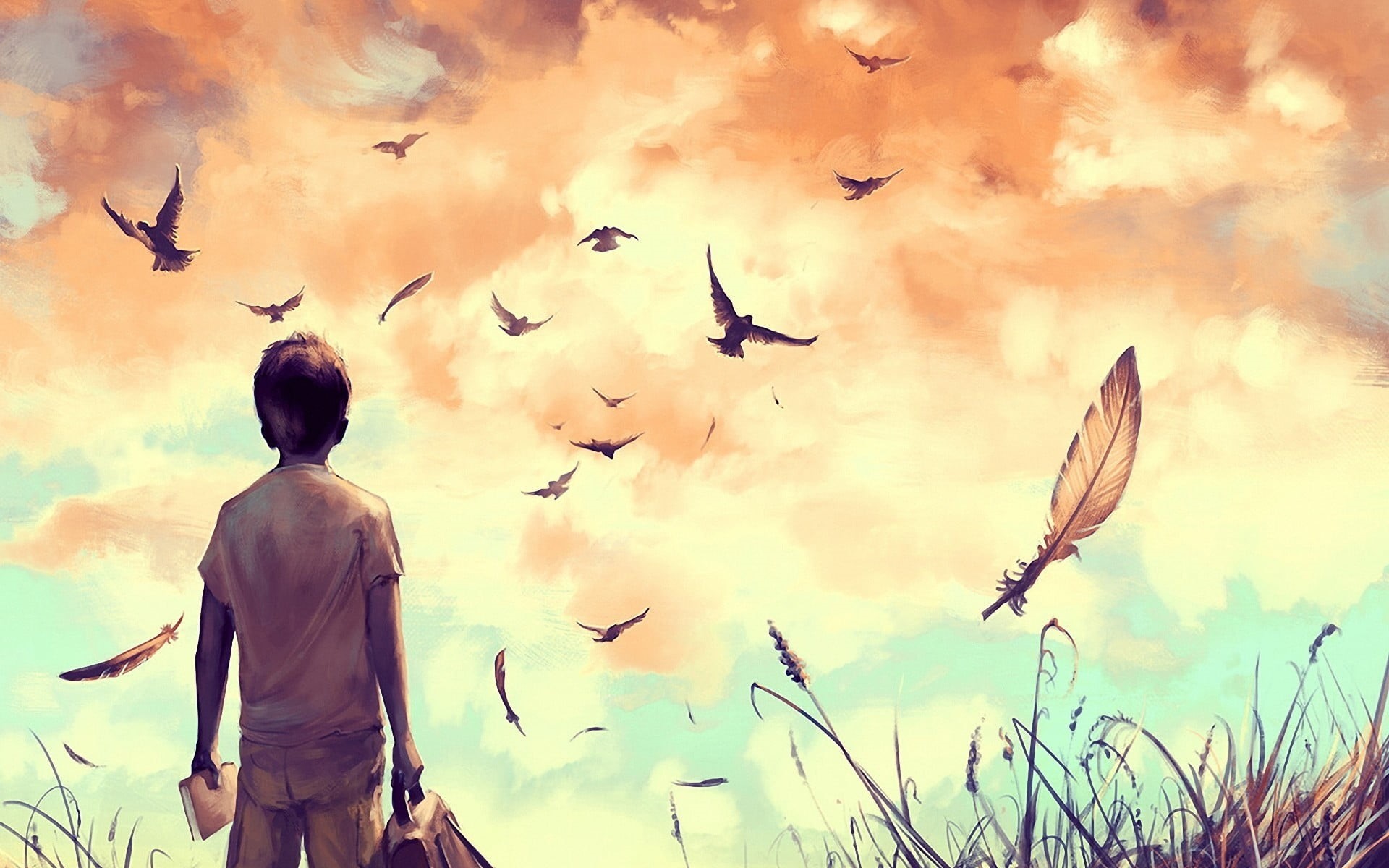 animal themes, real people, outdoors, 1080P, boy, cloud - sky, AquaSixio, vertebrate, illustration, children, seagull, day, animal wildlife, feathers, HD Wallpaper