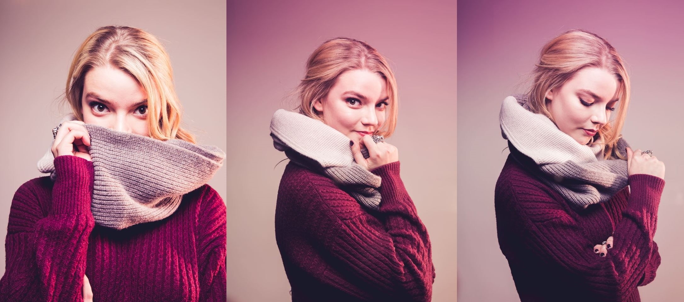 1080P, sweater, Anya Taylor-Joy, blonde, collage, actress, simple background, women, scarf, HD Wallpaper