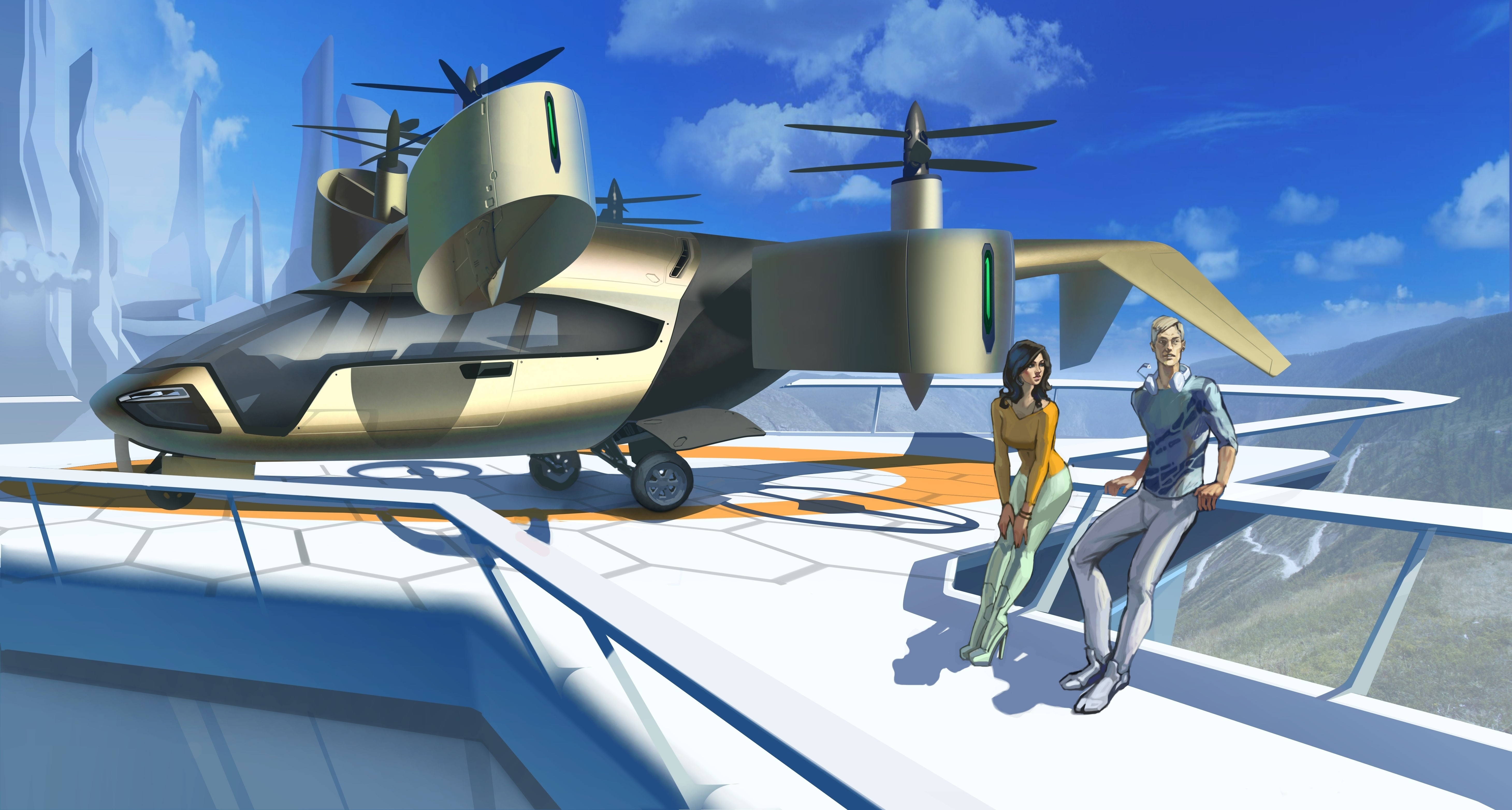 helicopter, aircraft, woman, art, the city, male, future, 5K, HD Wallpaper