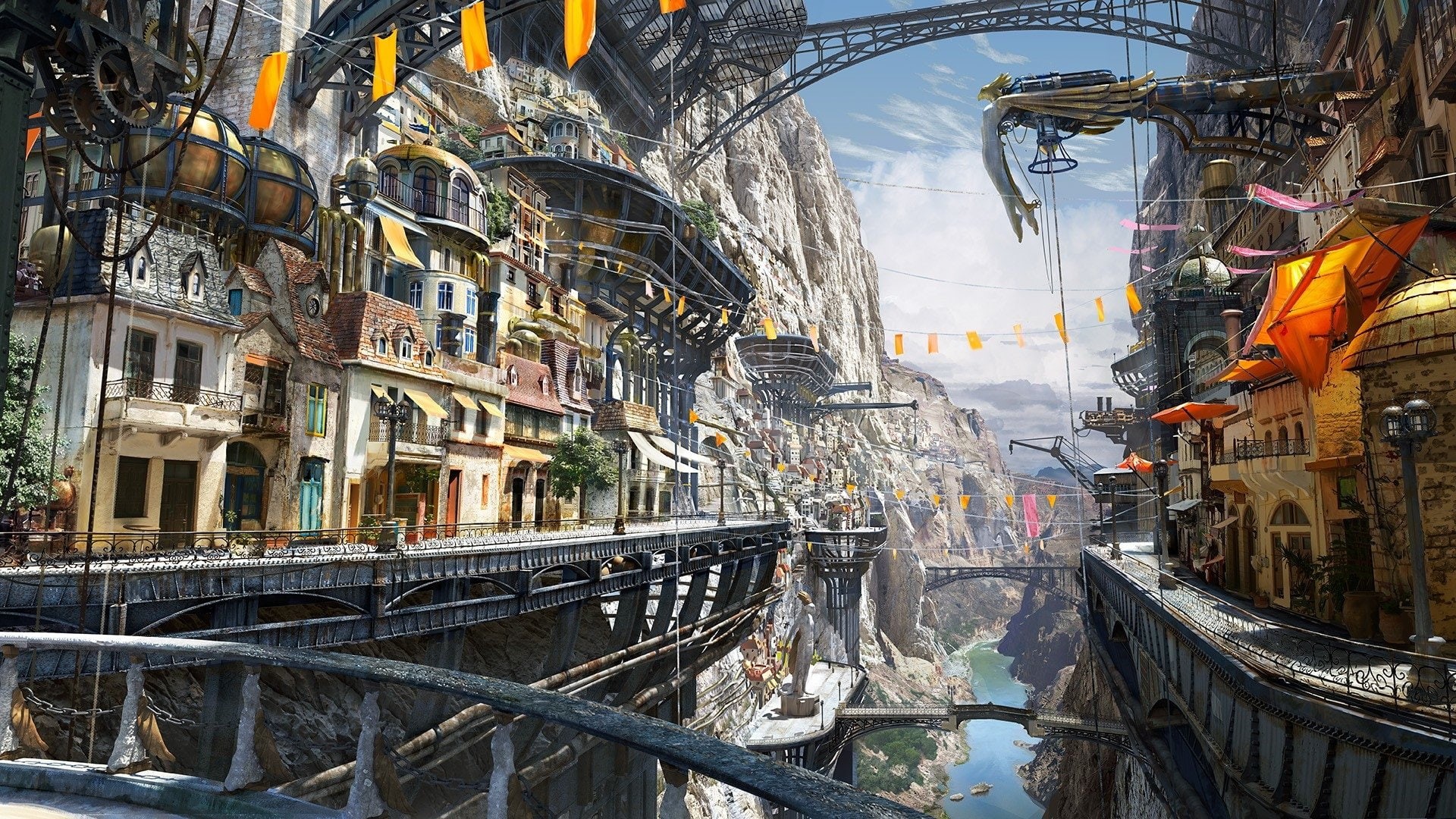 Steampunk, Sci Fi, Mountain, 1080P, Bridge, Street, City, HD Wallpaper