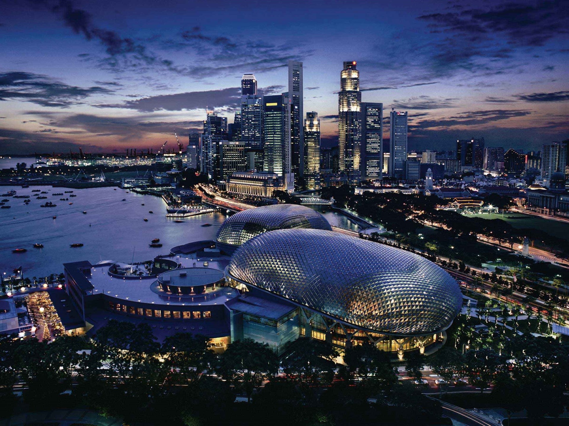 Skyscrapers, 1080P, Lights, Night, aerial, view, City, Singapore, Bay, HD Wallpaper