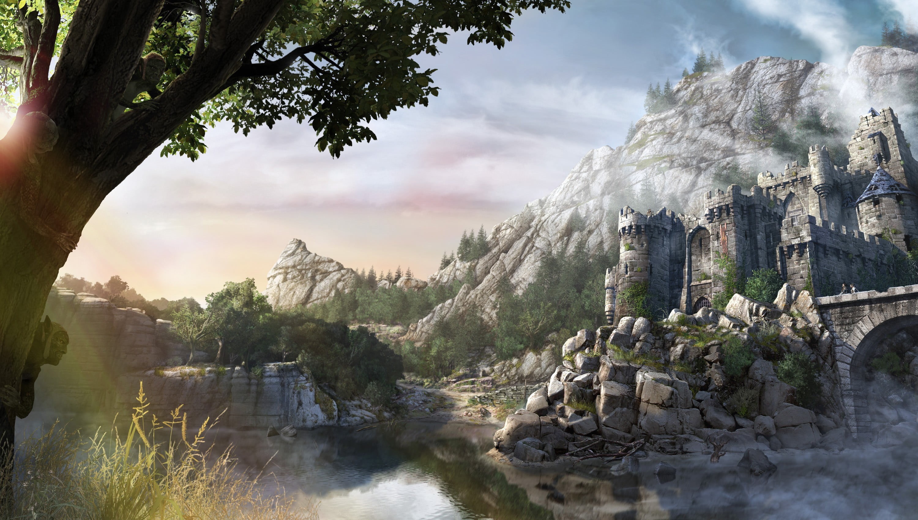 rock - object, fantasy art, cloud - sky, tranquil scene, plant, rock, day, water, reflection, fortress, tranquility, no people, idyllic, concept art, sky, HD Wallpaper