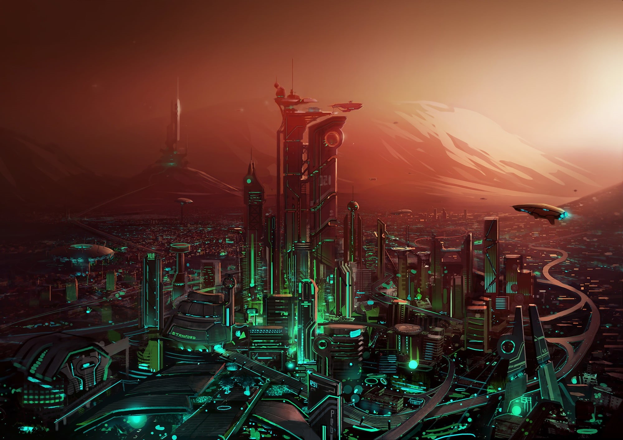 the city of the future, fences, the city, Fiction, Painting, graphics, 1080P, HD Wallpaper