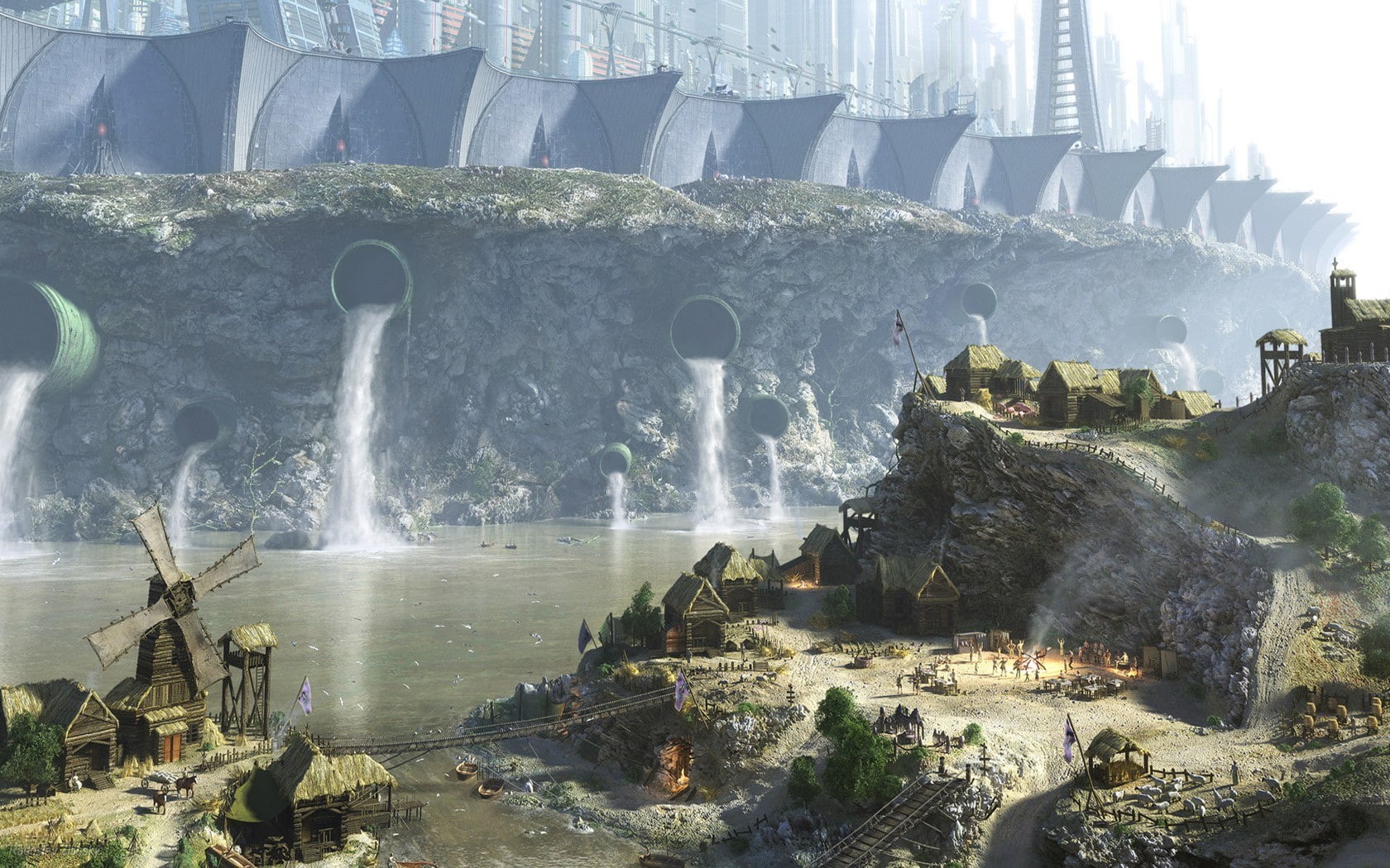 travel, building, 720P, village, building exterior, futuristic city, city, fantasy art, sunlight, no people, digital art, science fiction, water, flowing, HD Wallpaper