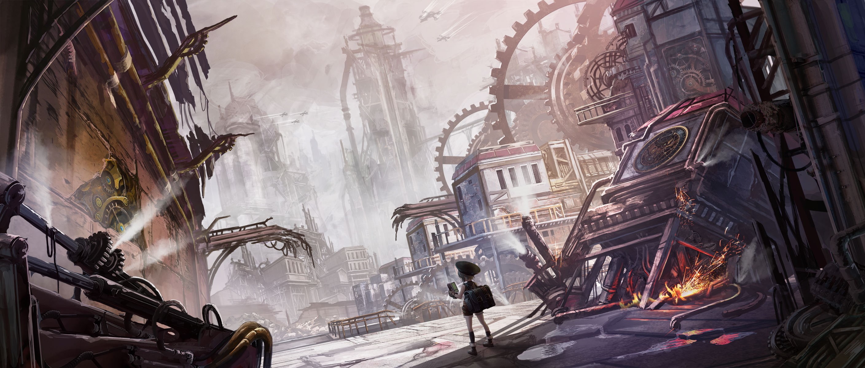 science fiction, 2K, anime girls, aircraft, steampunk, urban, industrial, futuristic, landscape, artwork, city, digital art, cityscape, apocalyptic, HD Wallpaper
