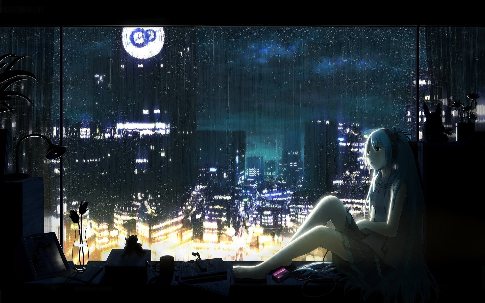 anime, anime girls, fantasy art, Vocaloid, drawing, Hatsune Miku, rain, city, cityscape, 1080P, futuristic, HD Wallpaper